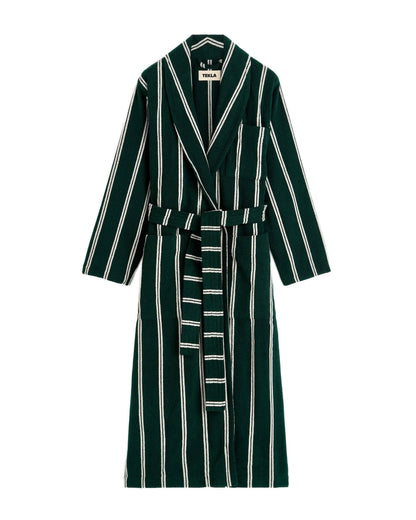 Tekla Terry Classic Bathrobe Forest Green Stripes