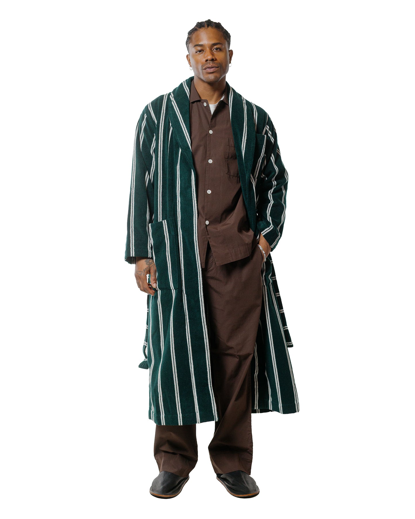 Tekla Terry Classic Bathrobe Forest Green Stripes