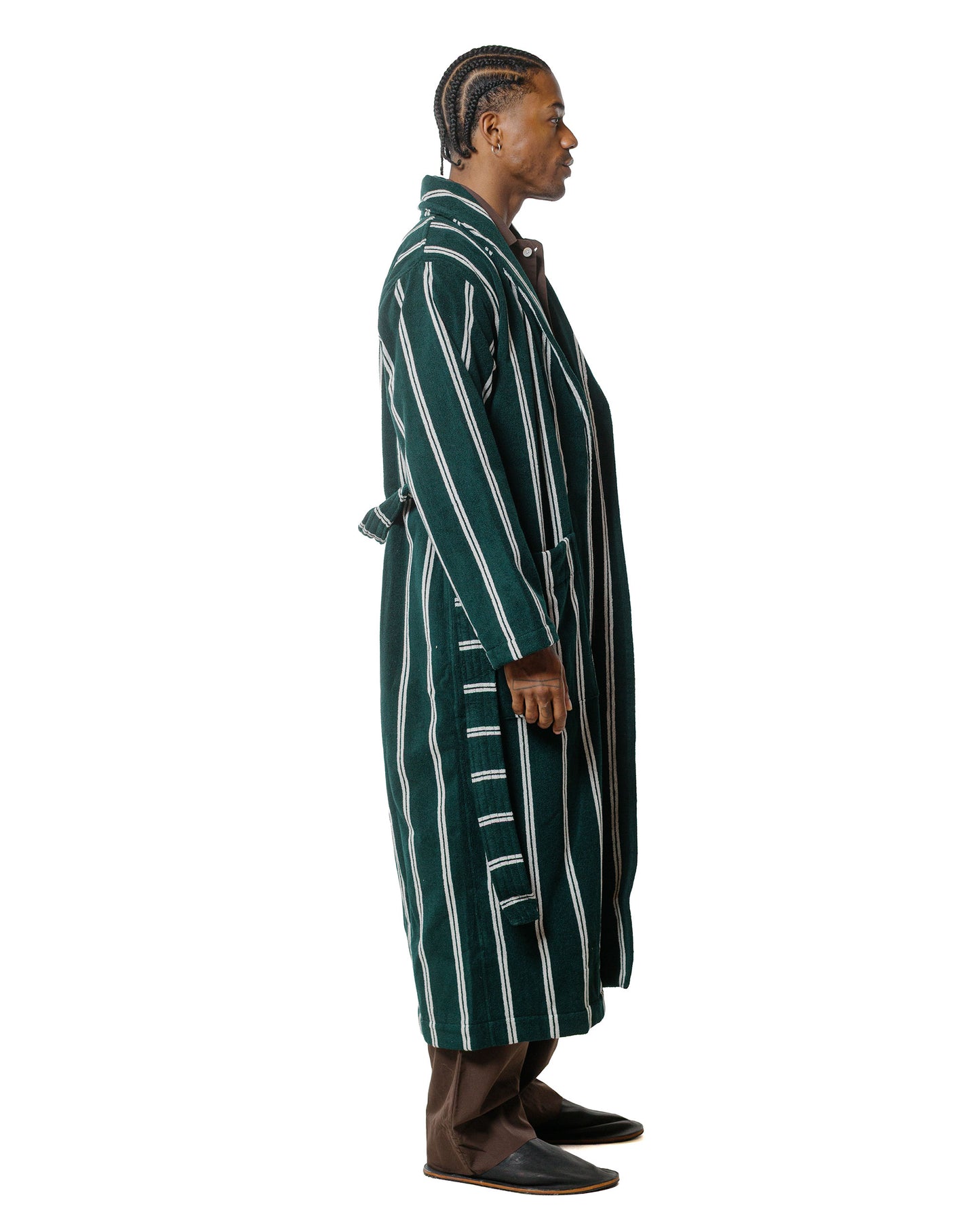 Tekla Terry Classic Bathrobe Forest Green Stripes