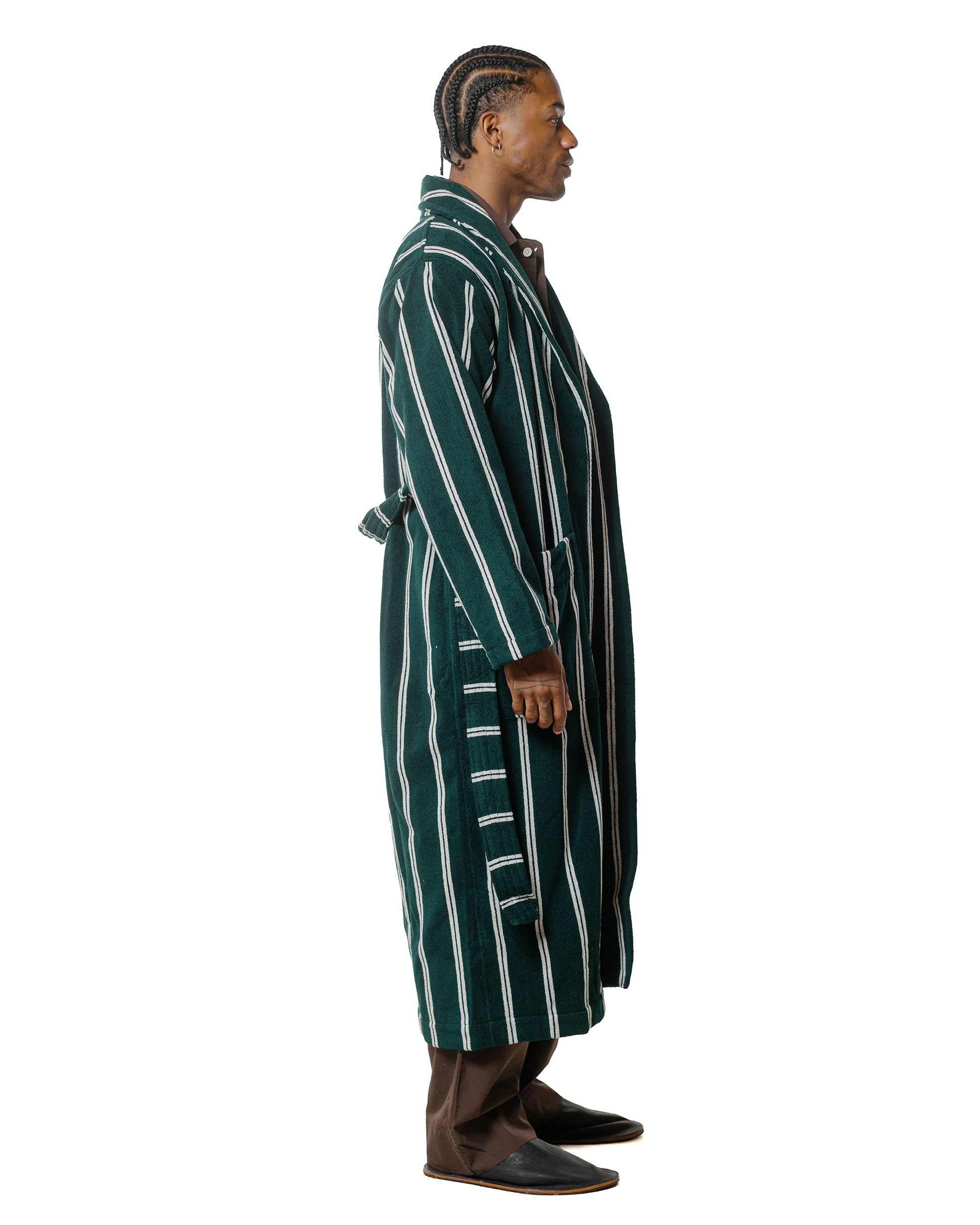 Tekla Terry Classic Bathrobe Forest Green Stripes