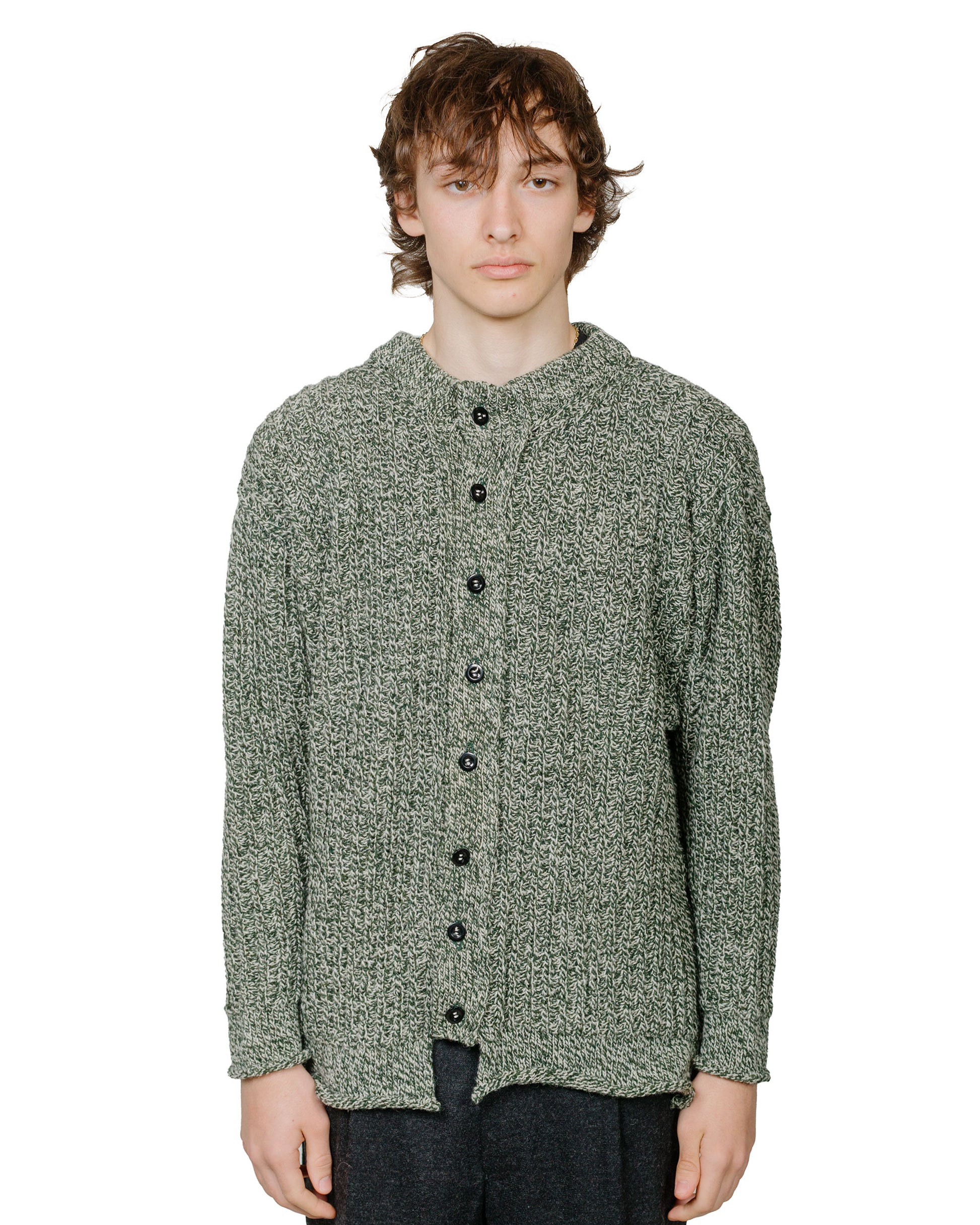 Tender 764 Tacuinum Cardigan Two Fold Shetland Wool Connemara Green model front