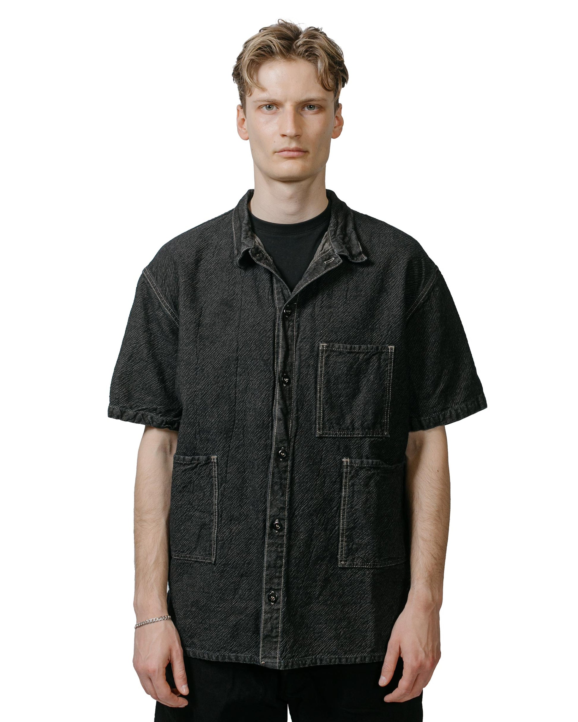 Tender Type 416 Short Sleeve Three Pocket Square Tail Shirt Indigo Cotton Twill Logwood model front