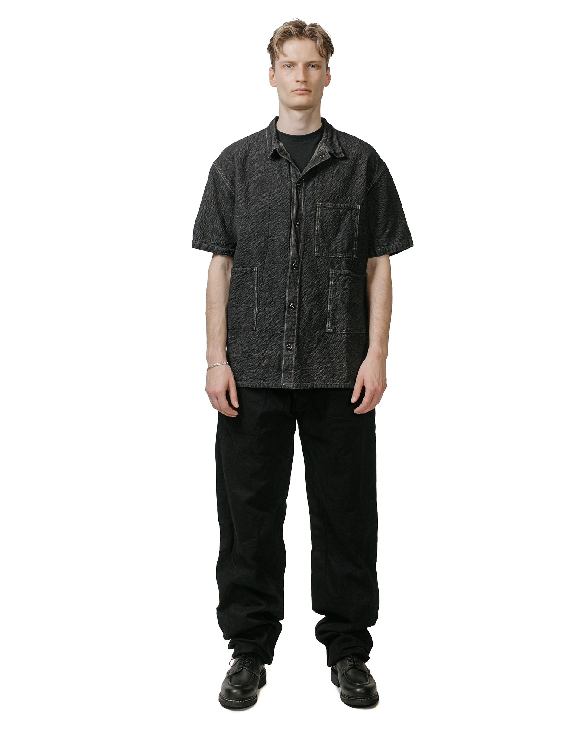 Tender Type 416 Short Sleeve Three Pocket Square Tail Shirt Indigo Cotton Twill Logwood model full