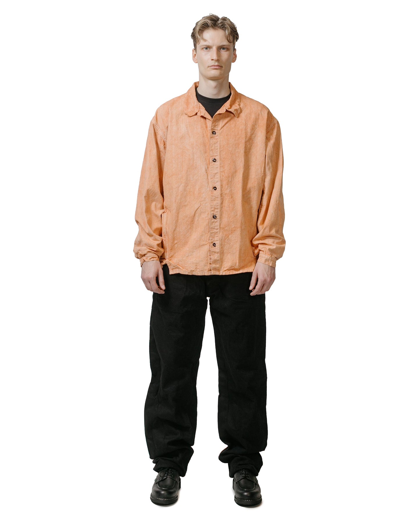 Tender Type 453 Double Cuff Mandolin Pocket Shirt Bleached Weft Stripe Cotton Canvas Red Ochre model full