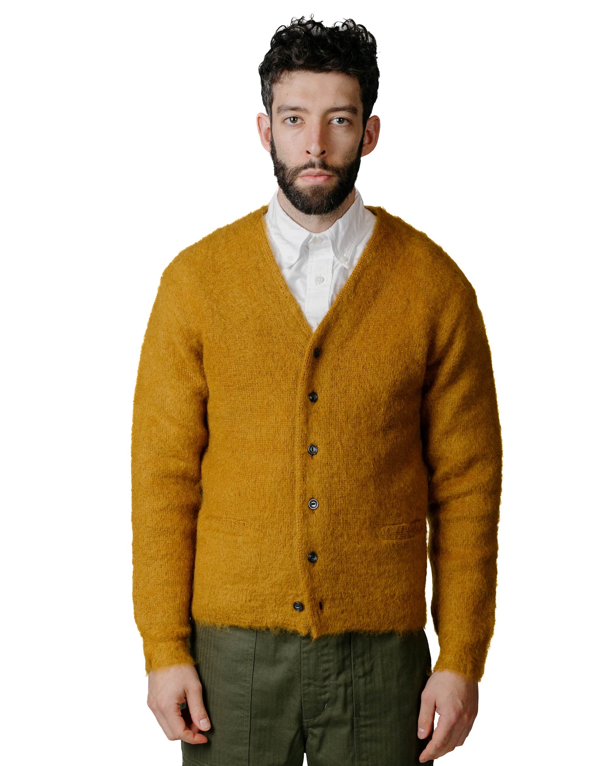 The Real McCoy's MC19103 JM Mohair Cardigan Mustard Model Front