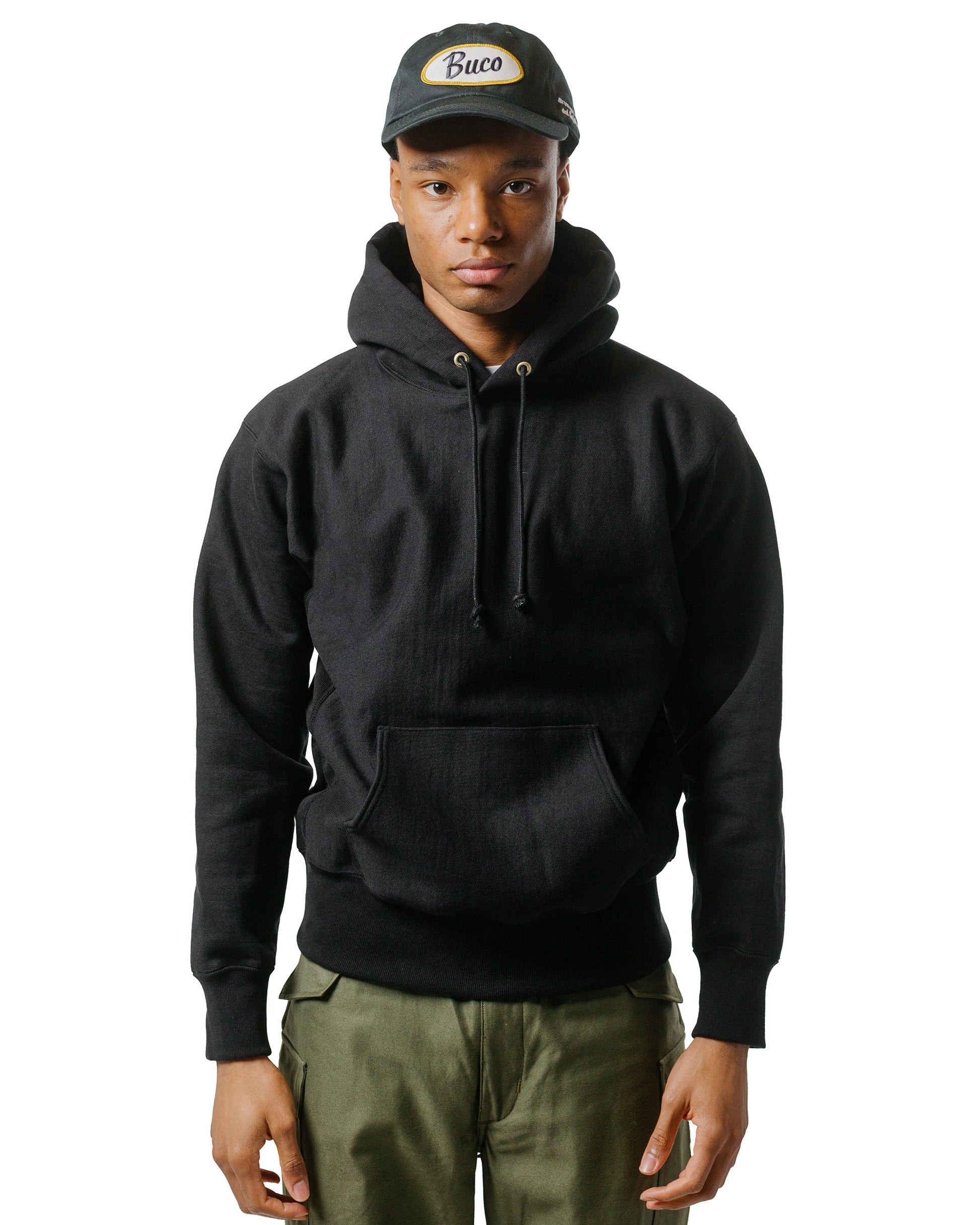 The Real McCoy's MC20113 Heavyweight Hooded Sweatshirt Black model front