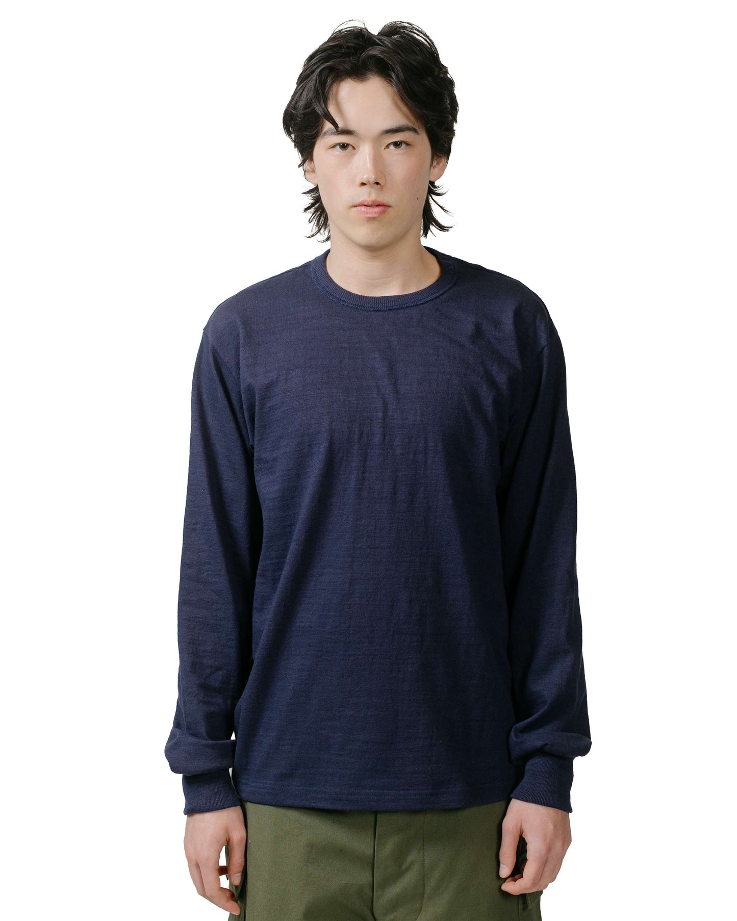 The Real McCoy's MC21109 Athletic L/S T-Shirt / Loop-Wheel Navy model frontThe Real McCoy's MC21109 Athletic L/S T-Shirt / Loop-Wheel Navy model front