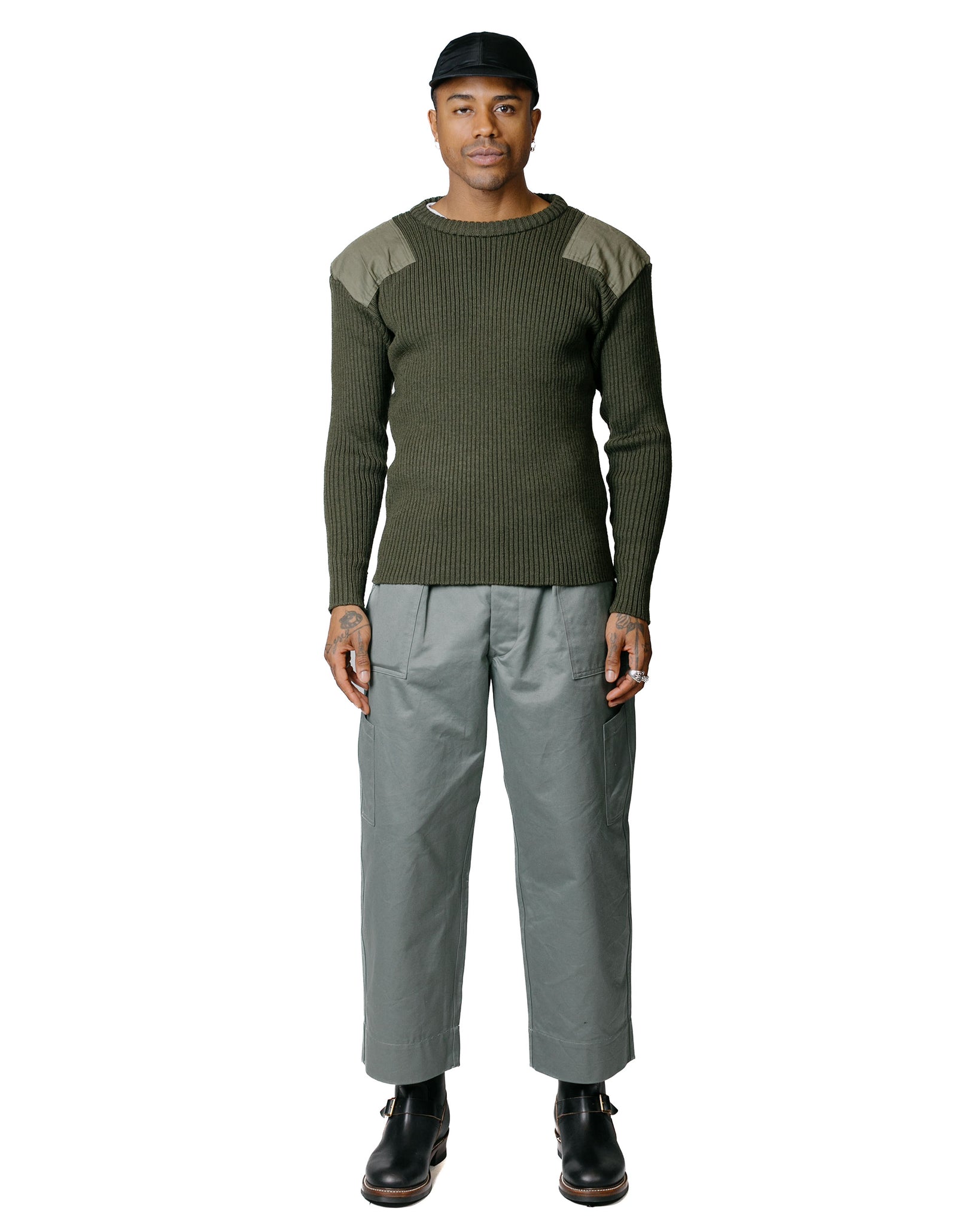 The Real McCoy's MC23104 Sweater, Service Wool Olive model full