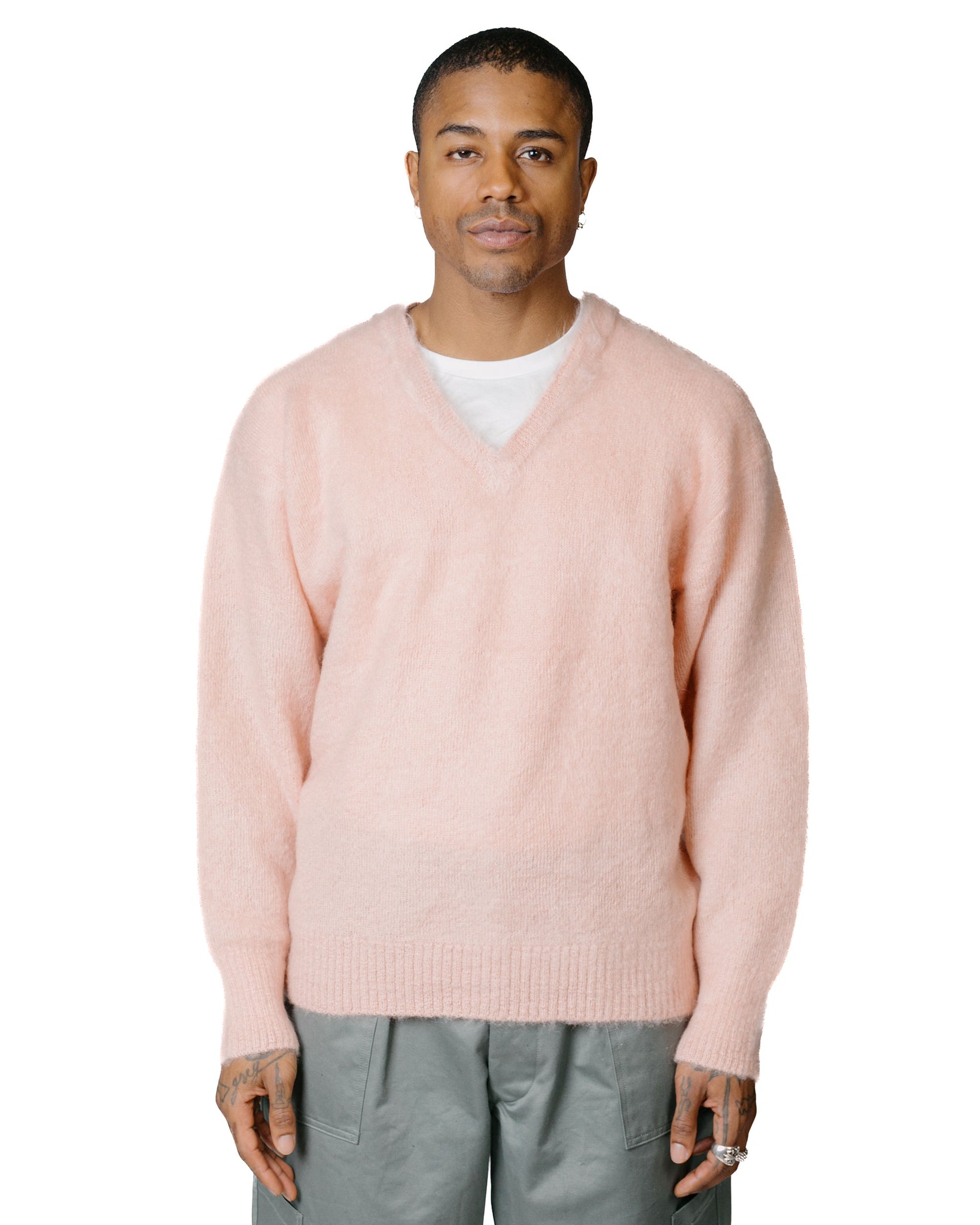 The Real McCoy's MC23109 JM Mohair V-Neck Sweater Flamingo model front