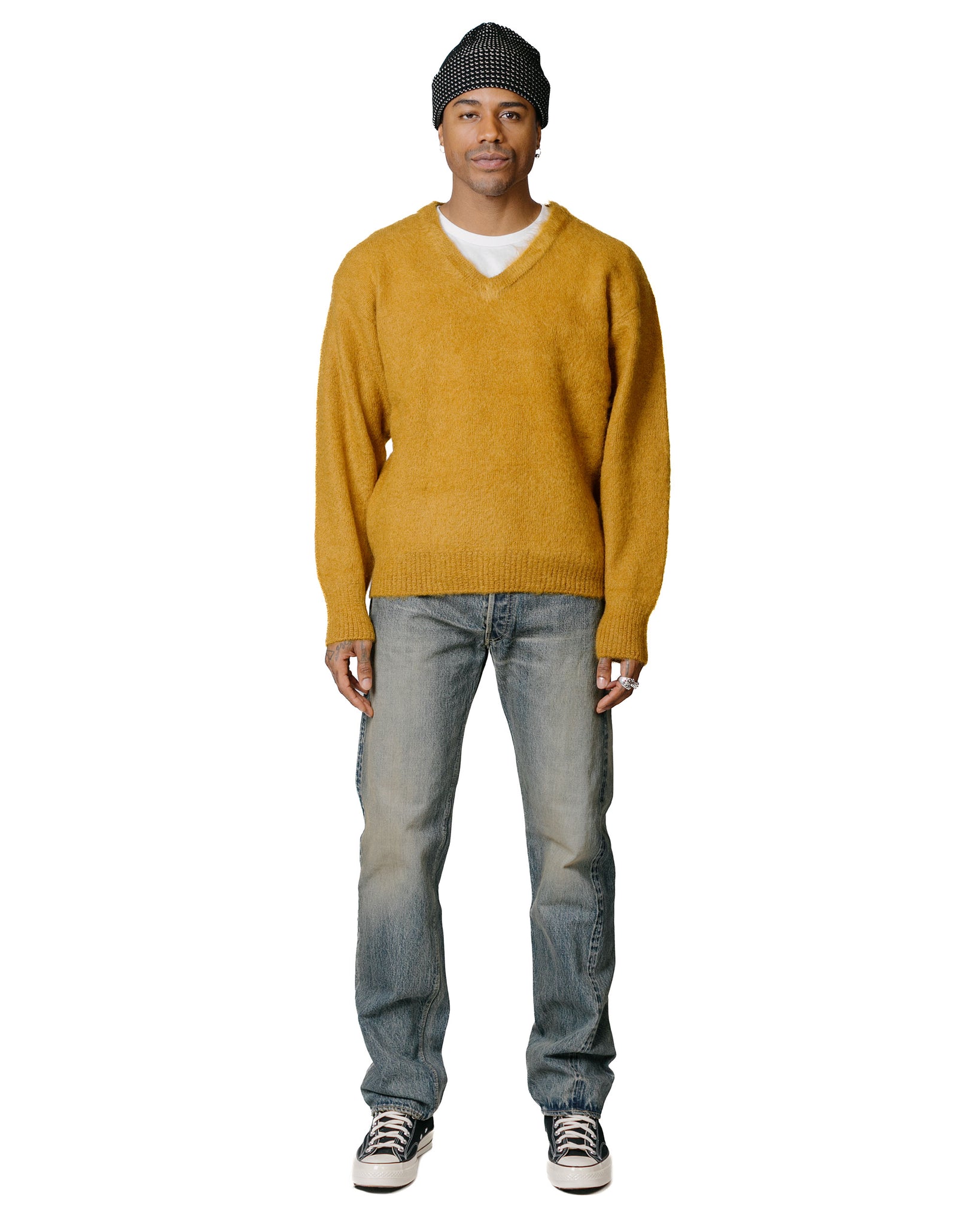 The Real McCoy's MC23109 JM Mohair V-Neck Sweater Mustard model full