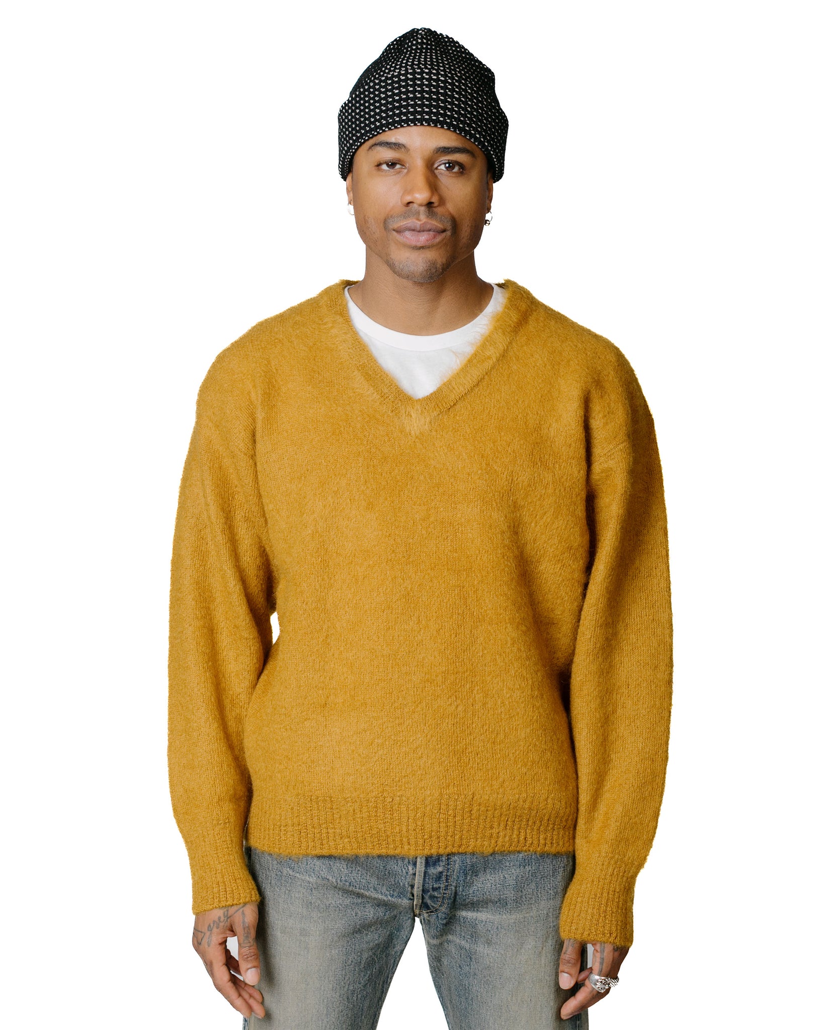 The Real McCoy's MC23109 JM Mohair V-Neck Sweater Mustard model front