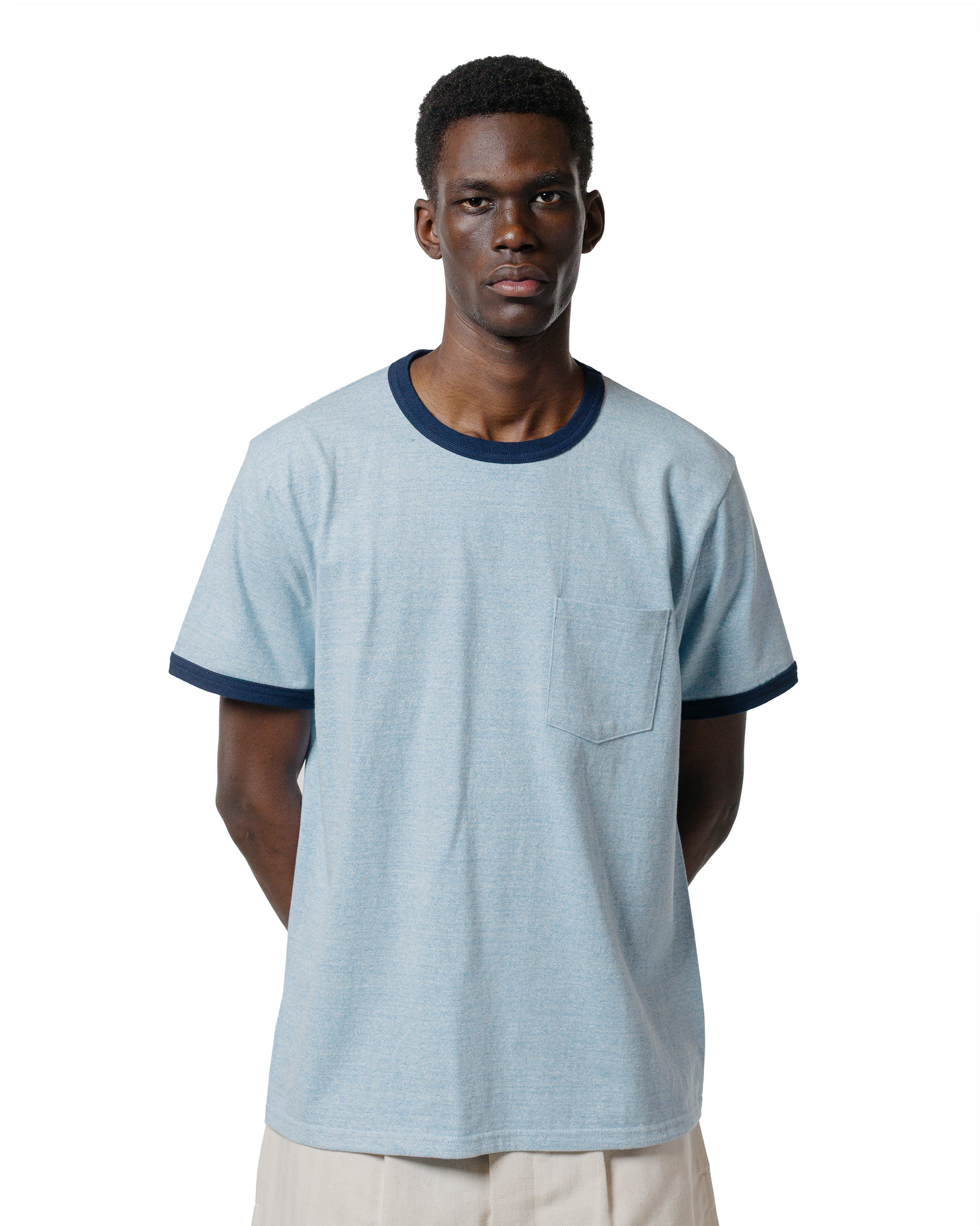 The Real McCoy's MC25014 Pocket Tee / Heather Color, Ringer Blue