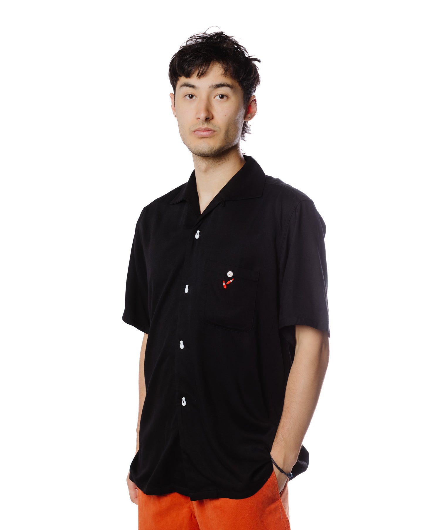 The Real McCoy's MS22002 Rayon Bowling Shirt / Jolly Roger Black Model Detail