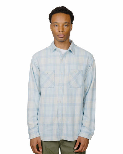 The Real McCoy's MS24007 8HU Block Check Summer Flannel Shirt Light Blue model front