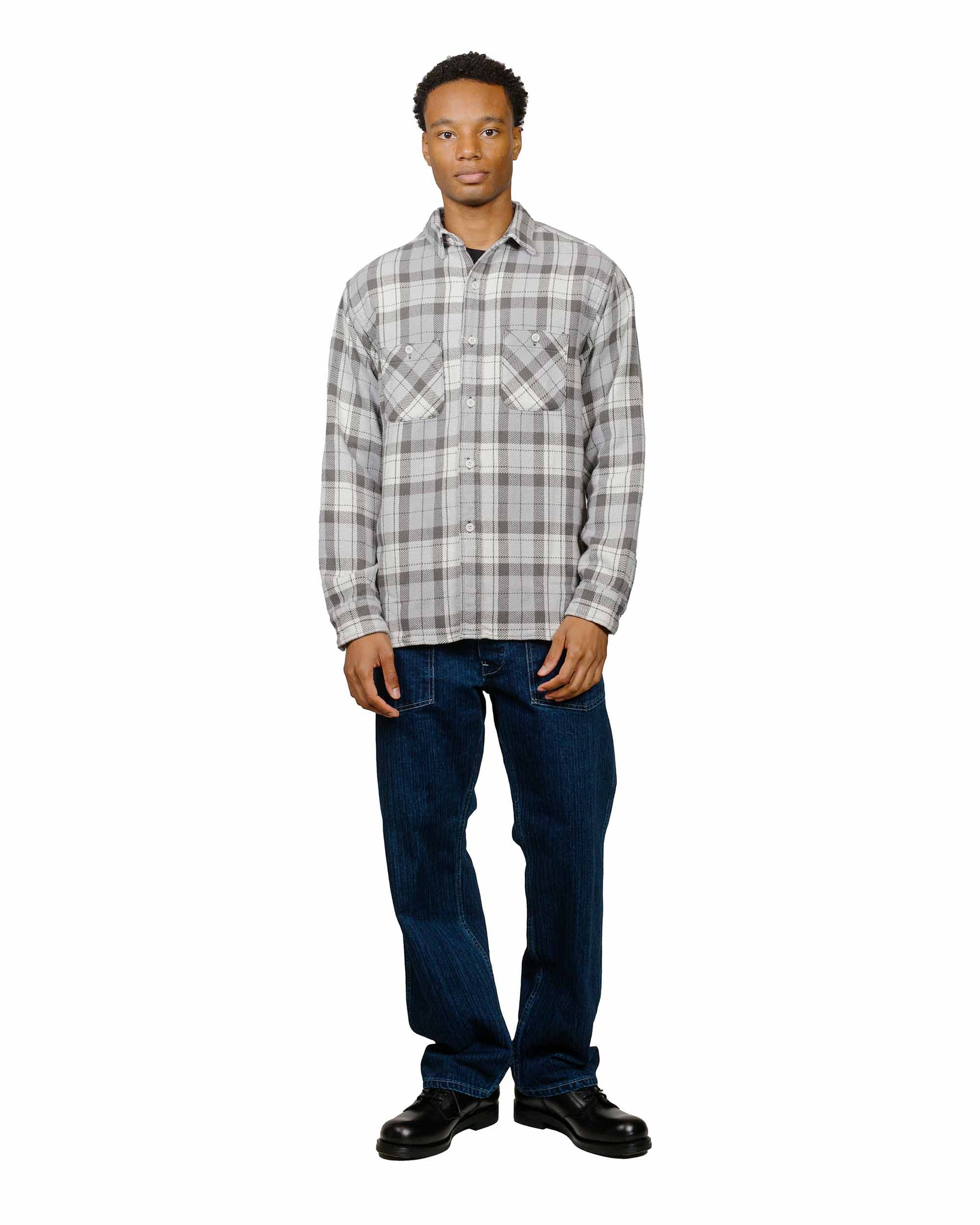 The Real McCoy's MS24007 8HU Block Check Summer Flannel Shirt Snow Gray model full