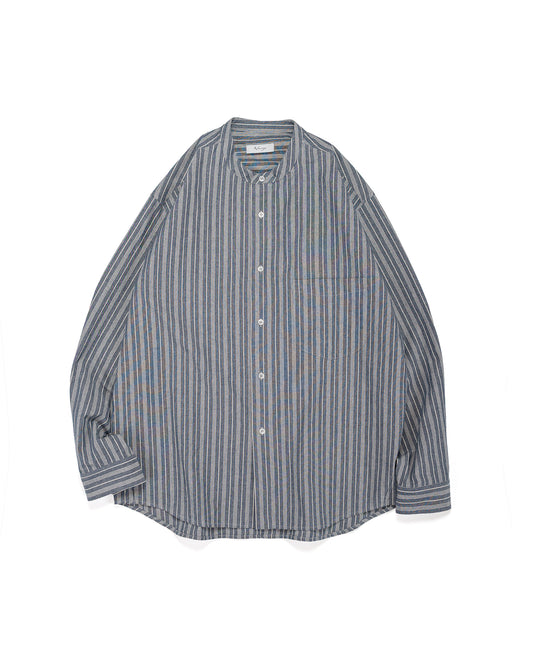 Wanze Band Collar Shirt Cotton Stripe Indigo