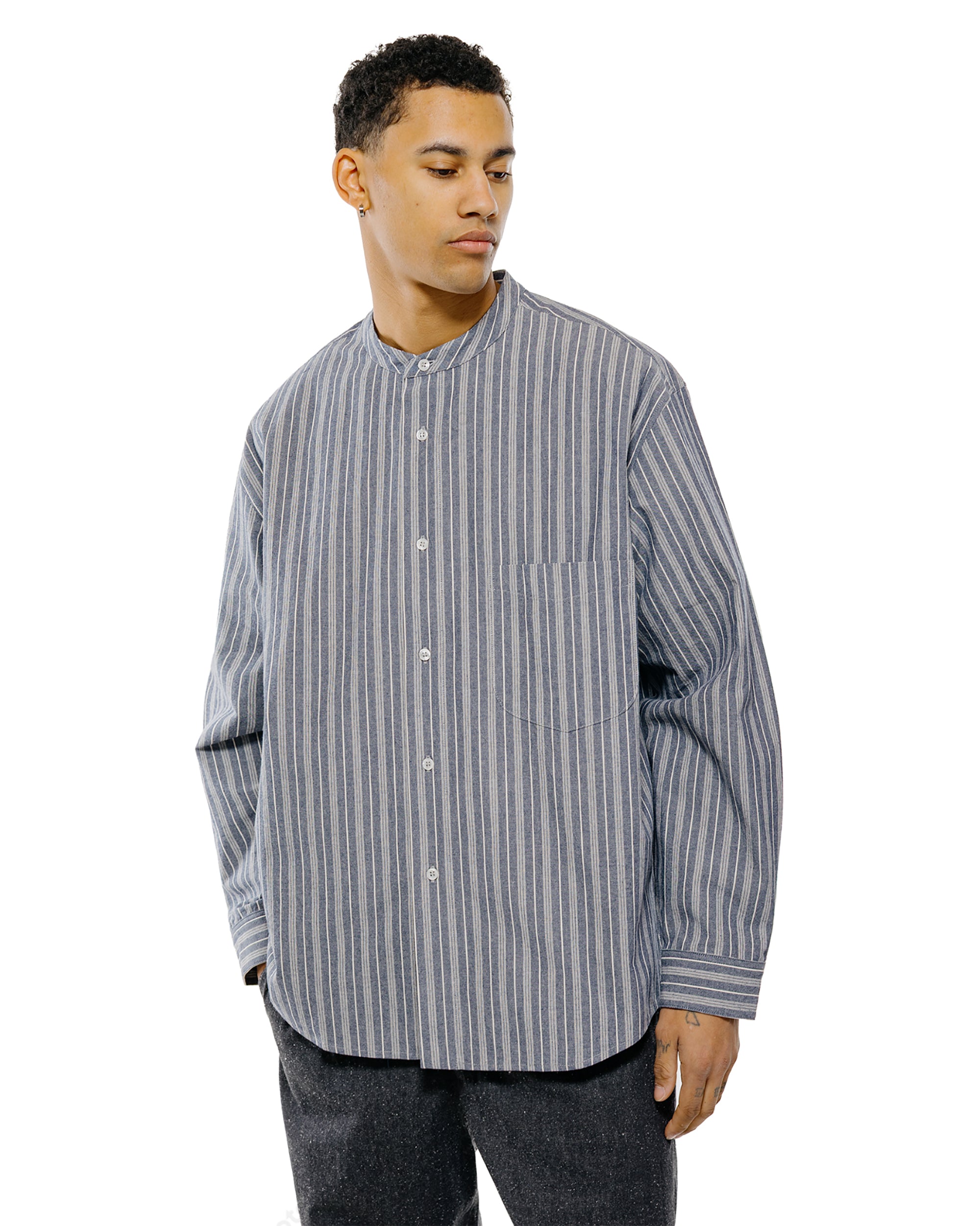 Wanze Band Collar Shirt Cotton Stripe Indigo