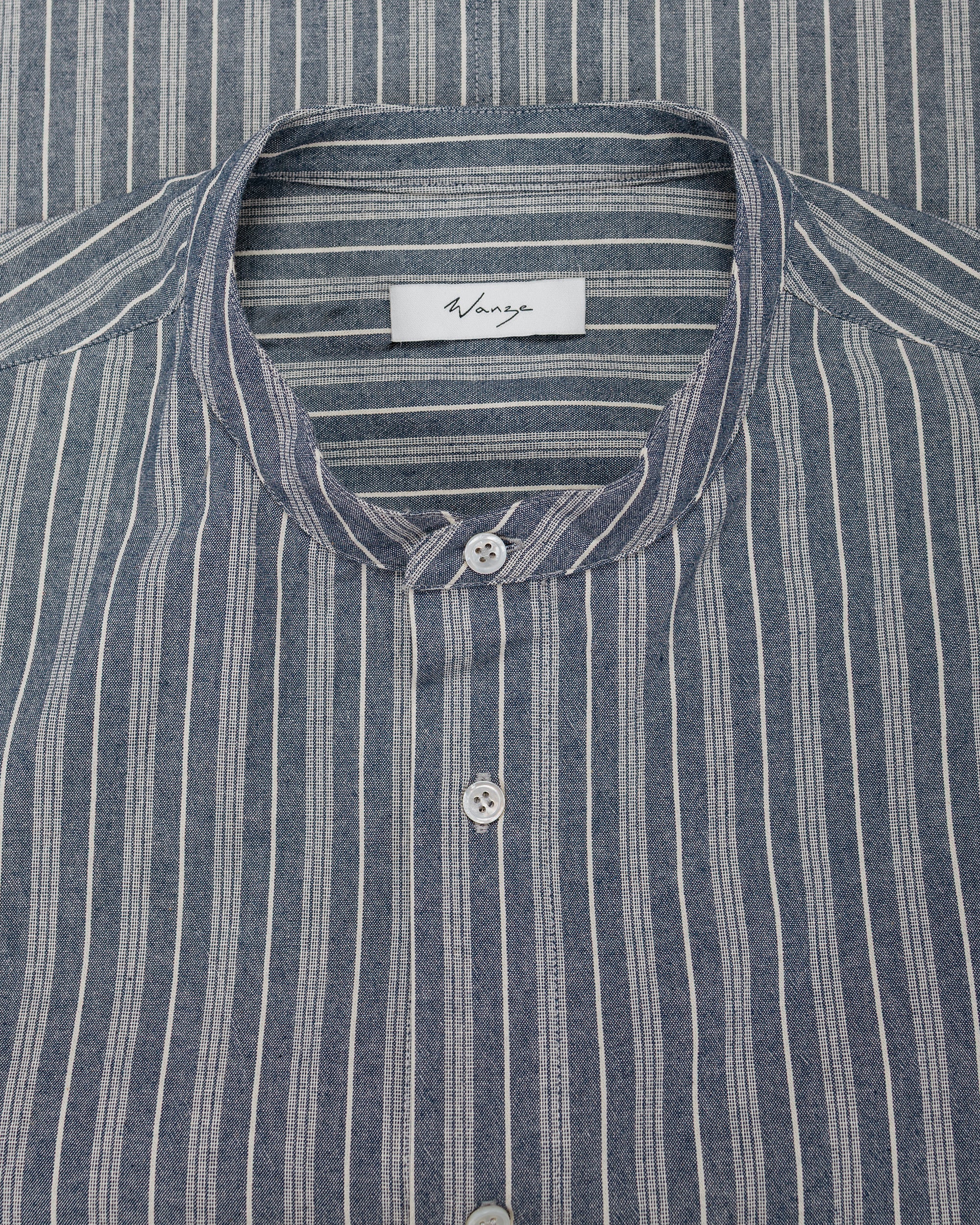 Wanze Band Collar Shirt Cotton Stripe Indigo