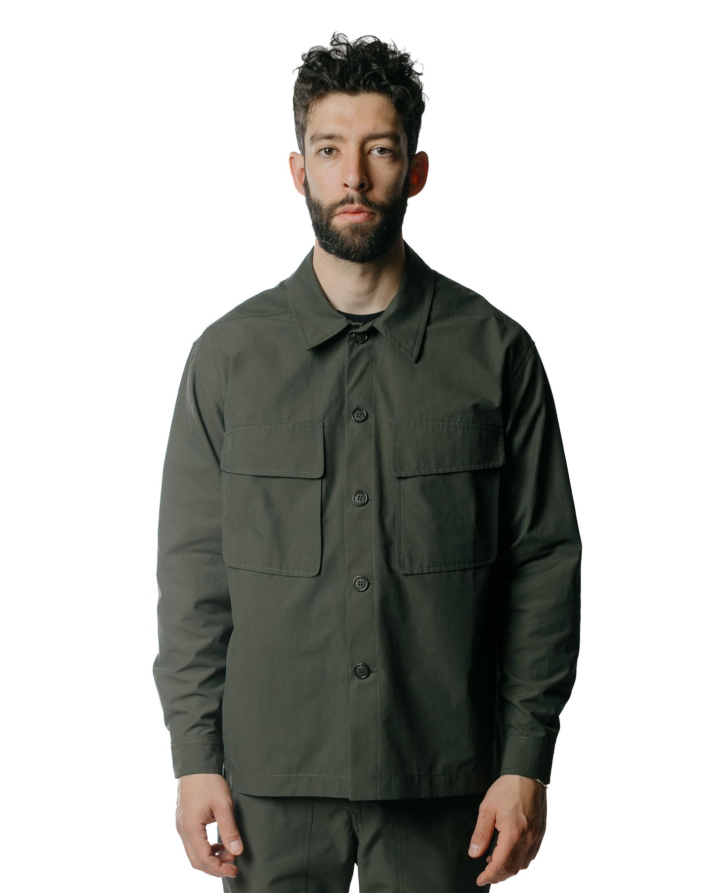 Wanze Boxy Overshirt Structured Cotton Green Smoke Model Front