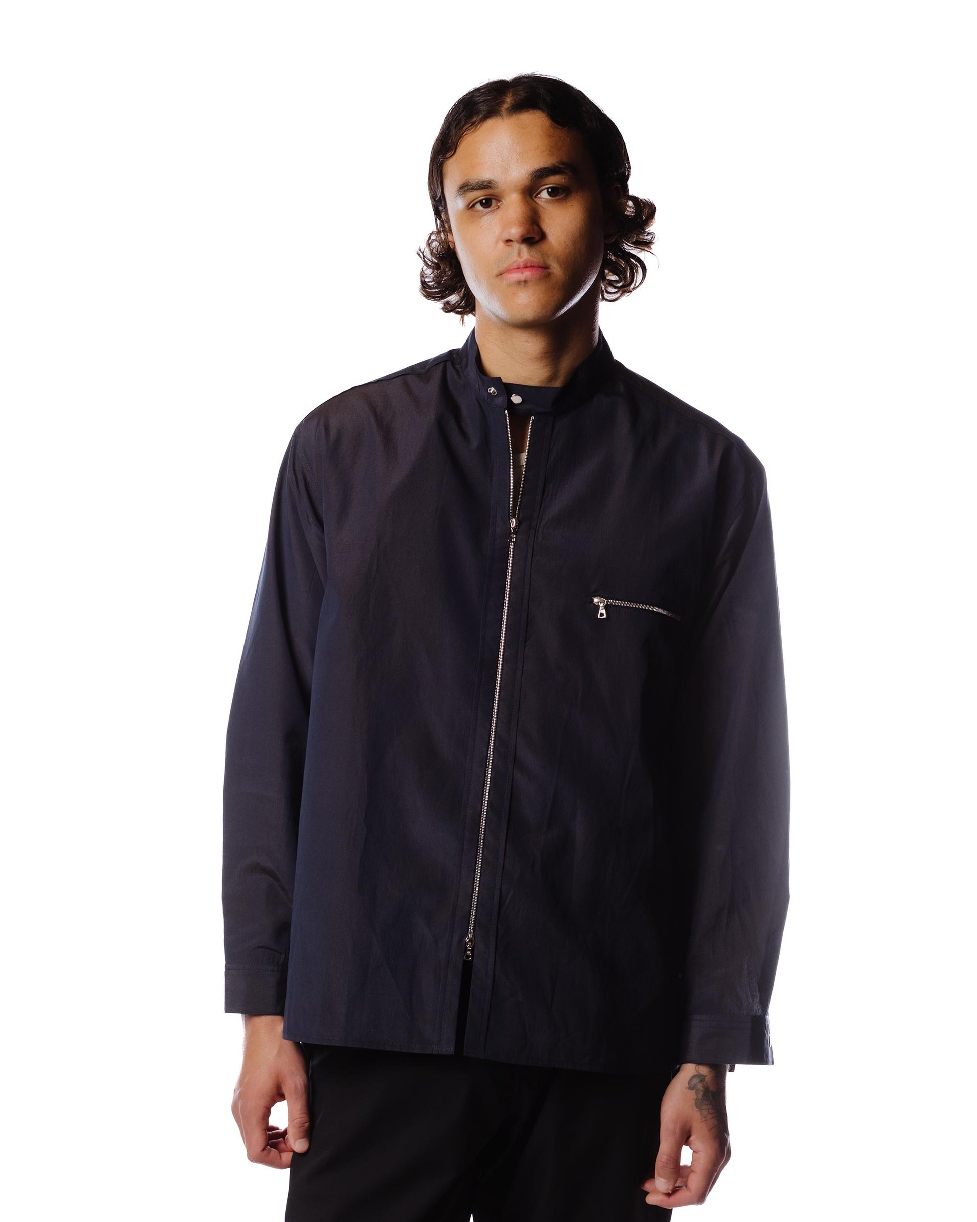 Wanze Song Moto Zip Shirt Cotton Navy Front