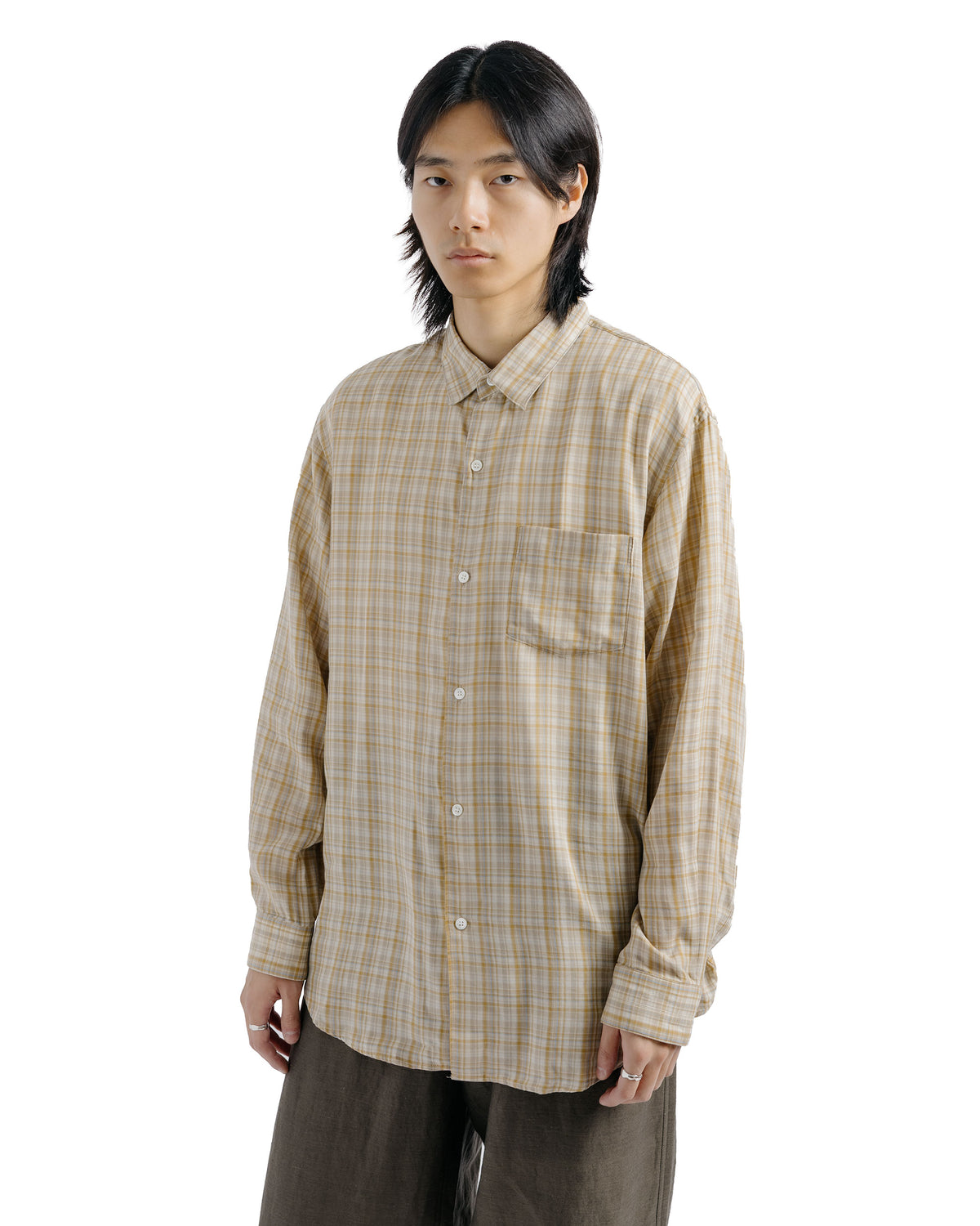awasa Regular Collar Double Gauze Shirt Beige Check