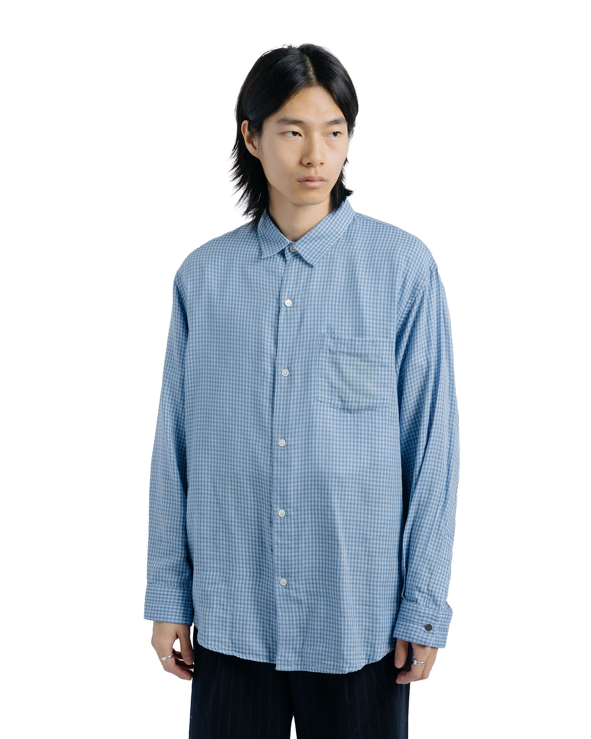 awasa Regular Collar Double Gauze Shirt Blue Check