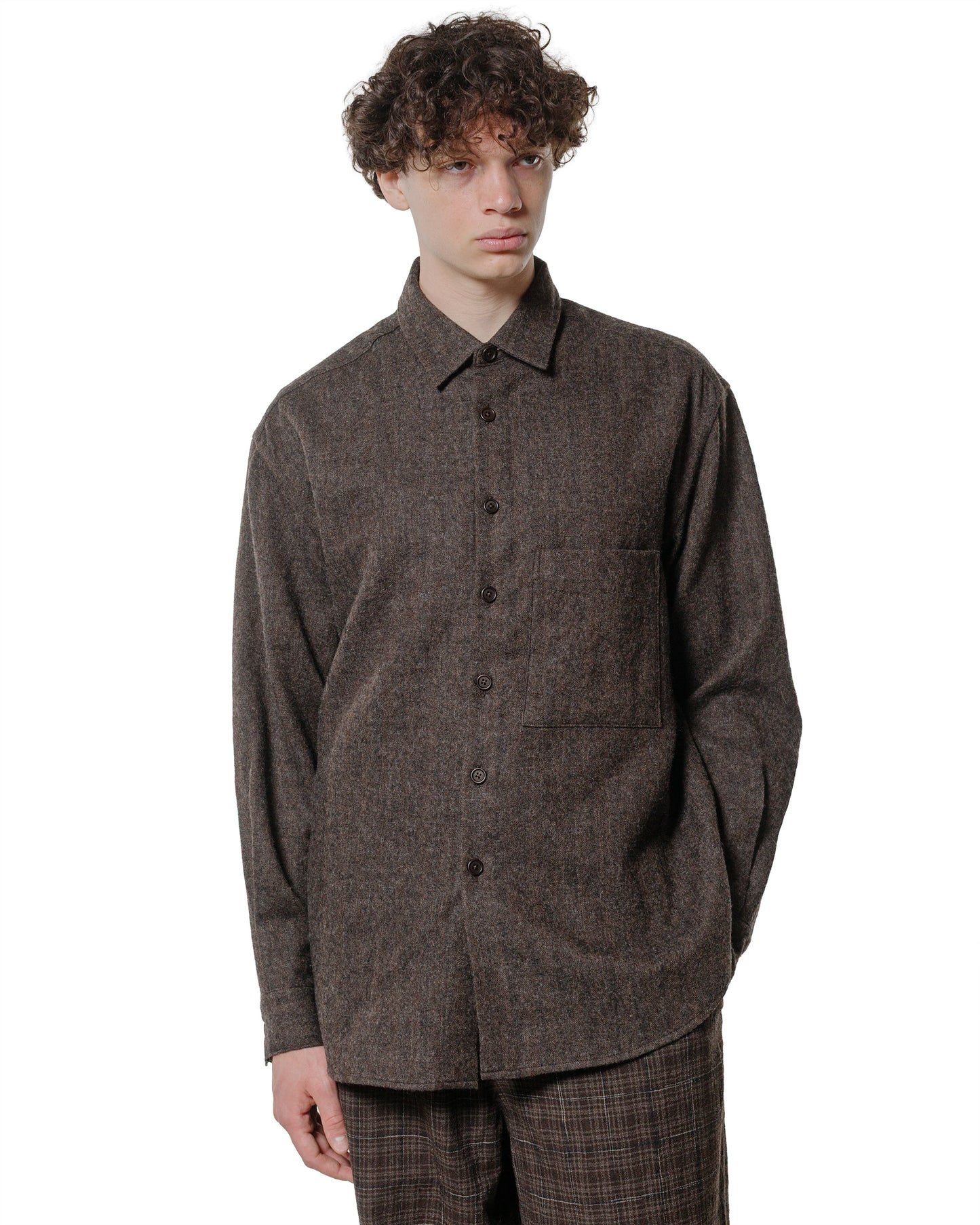 evan kinori Big Shirt Two Undyed Wool H-Bone Dark Brown