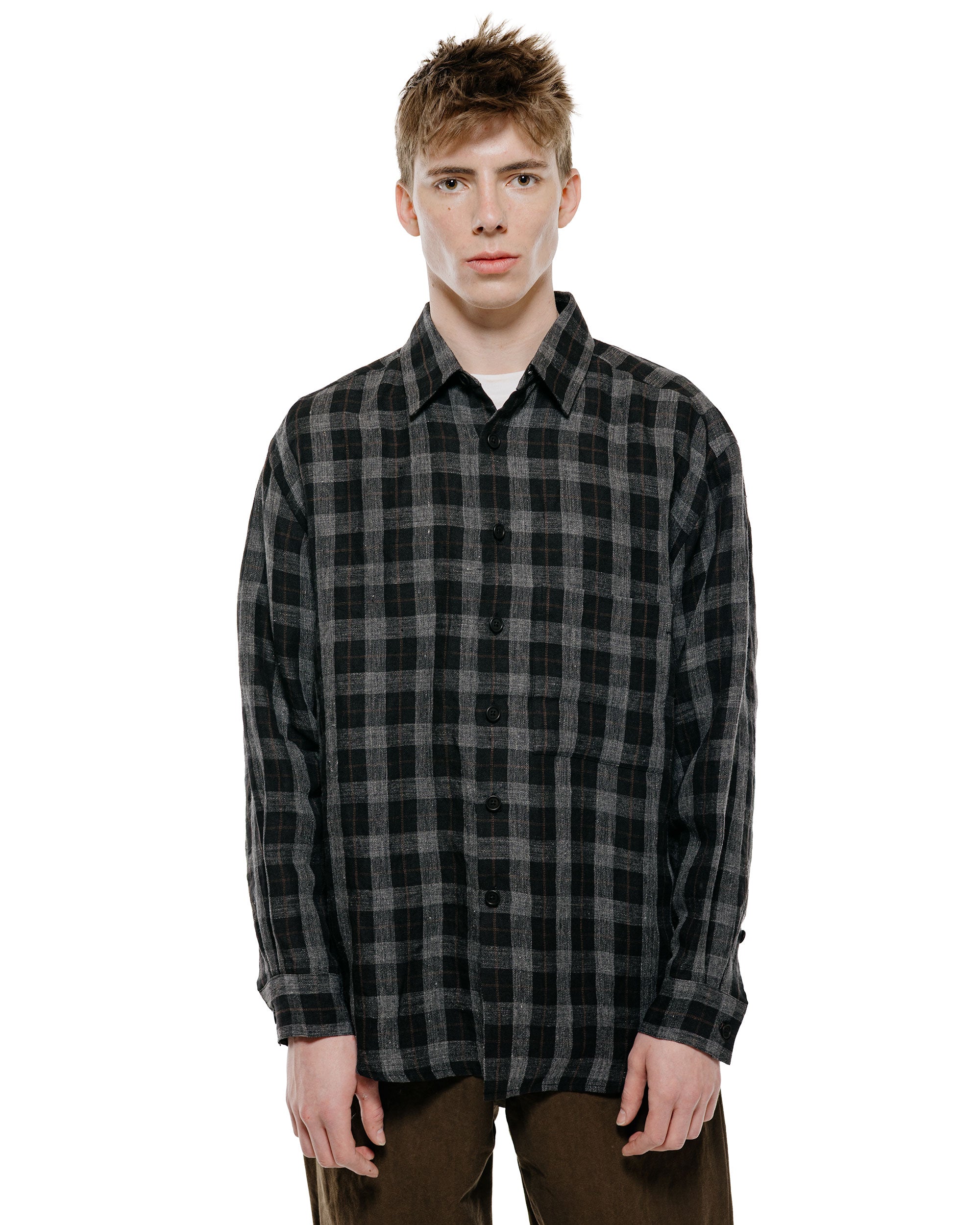evan kinori Big Shirt Two Yarn Dye Linen Check Charcoal/Brown/Black