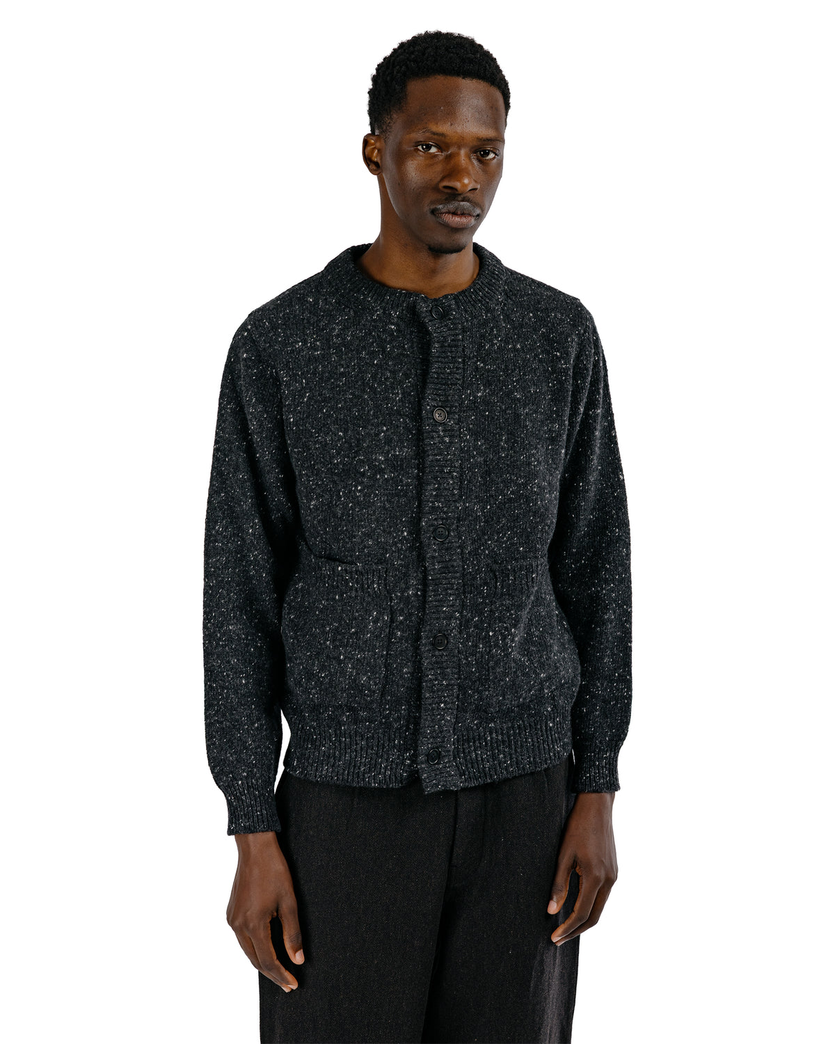 evan kinori Crewneck Cardigan Wool Cashmere Tweed Black