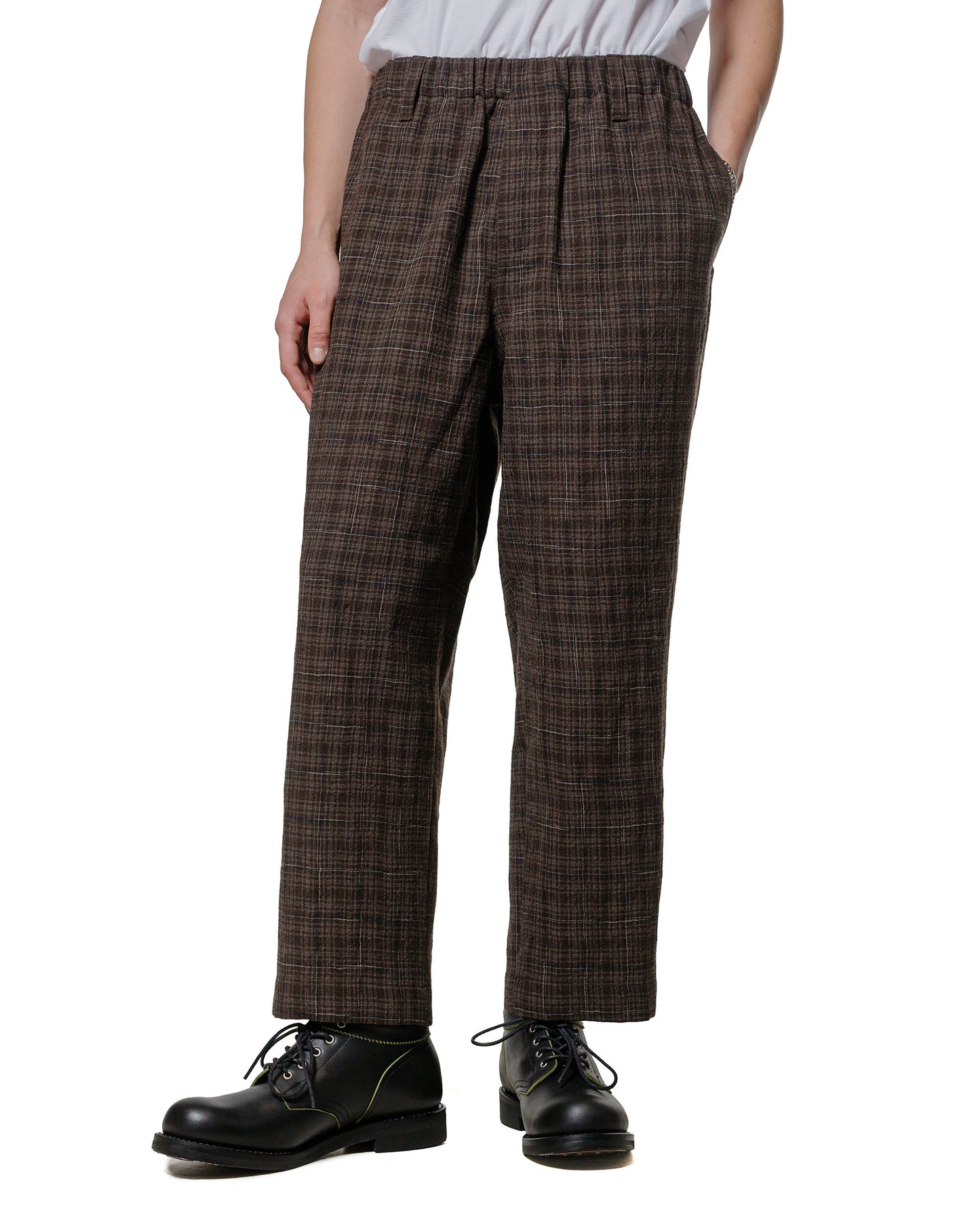 evan kinori Elastic Pant Kasuri Wool Check Brown/Beige/Navy