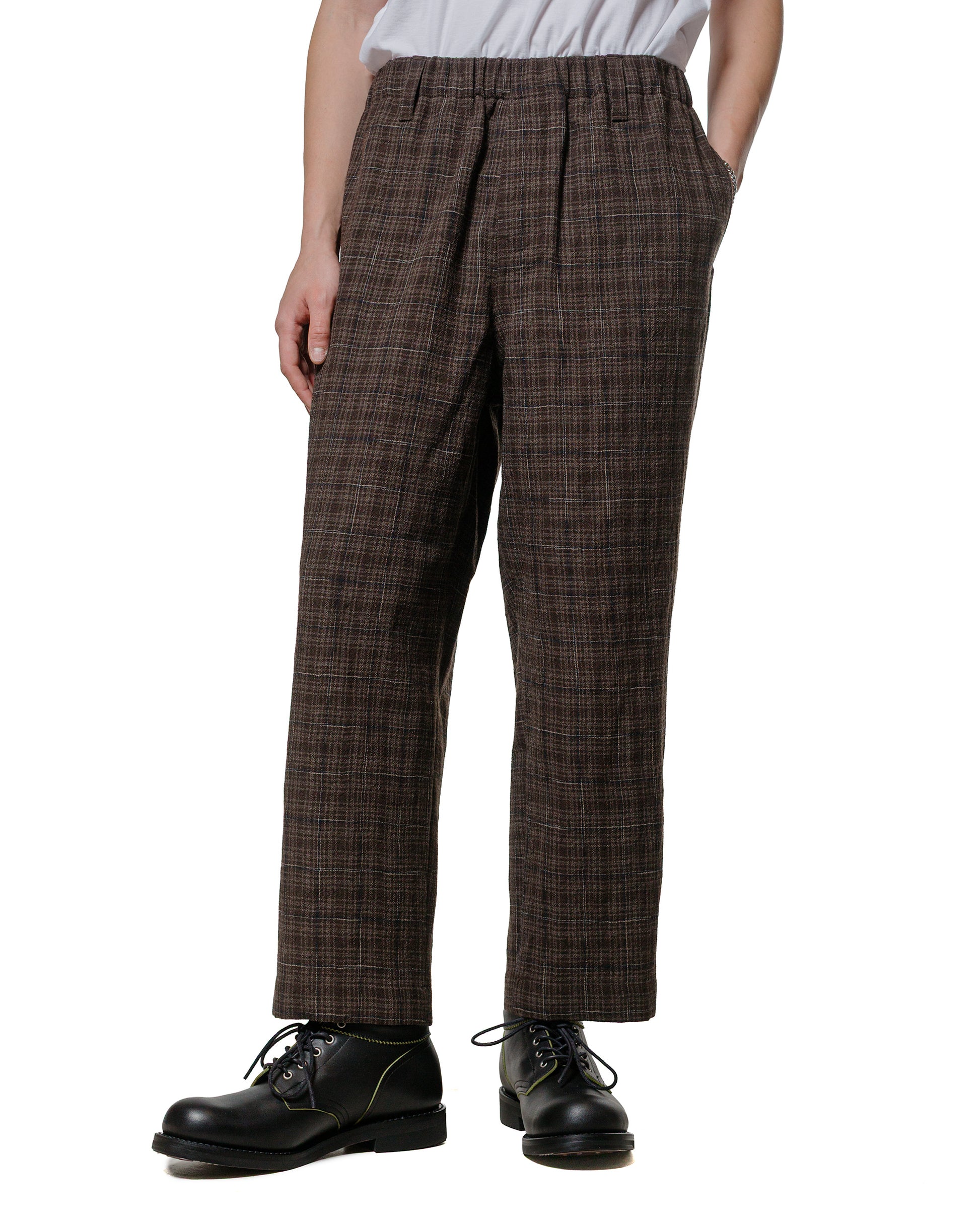 evan kinori Elastic Pant Kasuri Wool Check Brown/Beige/Navy