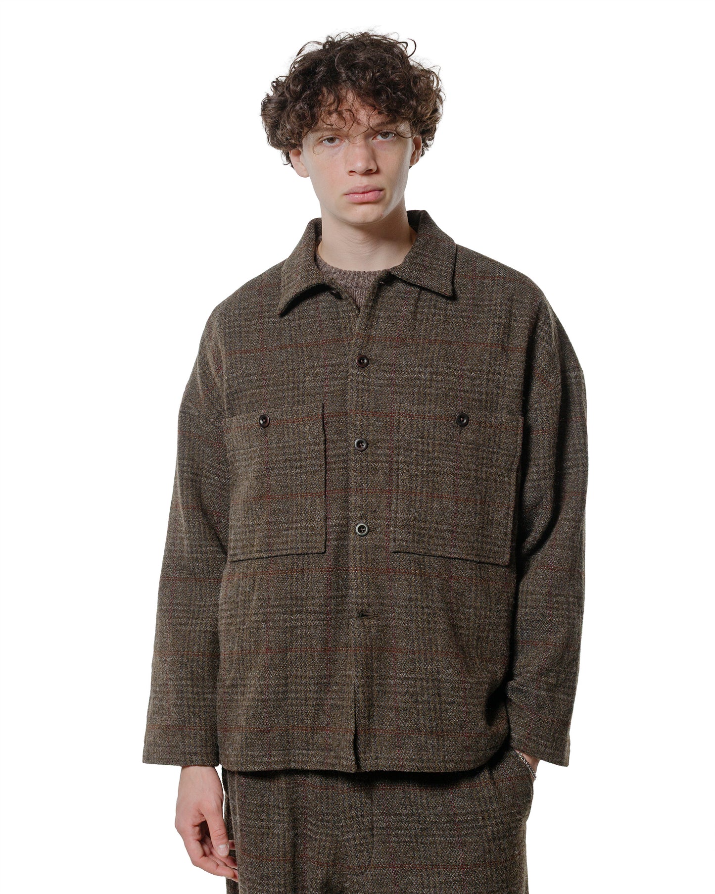 evan kinori Field Shirt Two Wool H-Bone Check Dark Olive/Charcoal