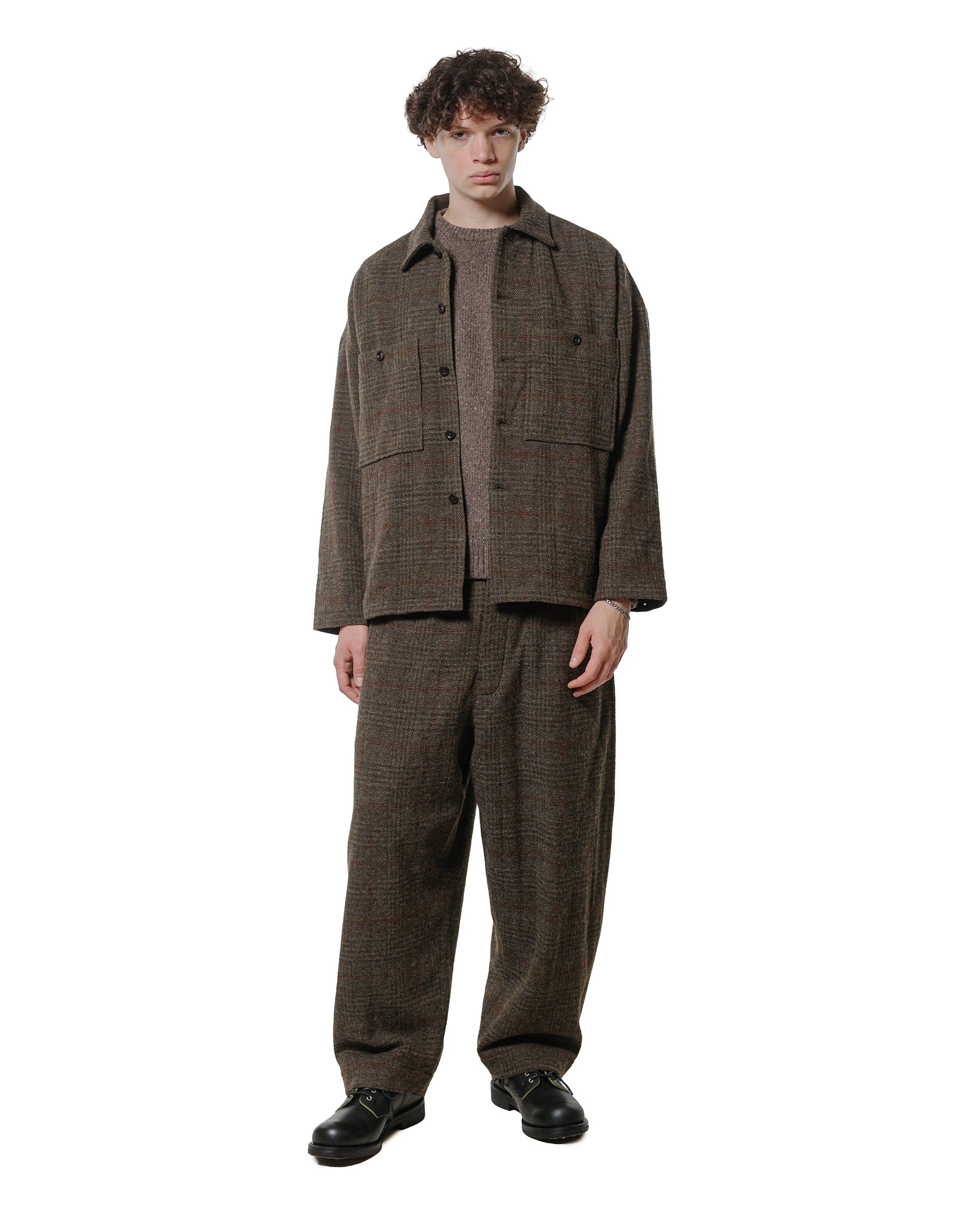 evan kinori Field Shirt Two Wool H-Bone Check Dark Olive/Charcoal