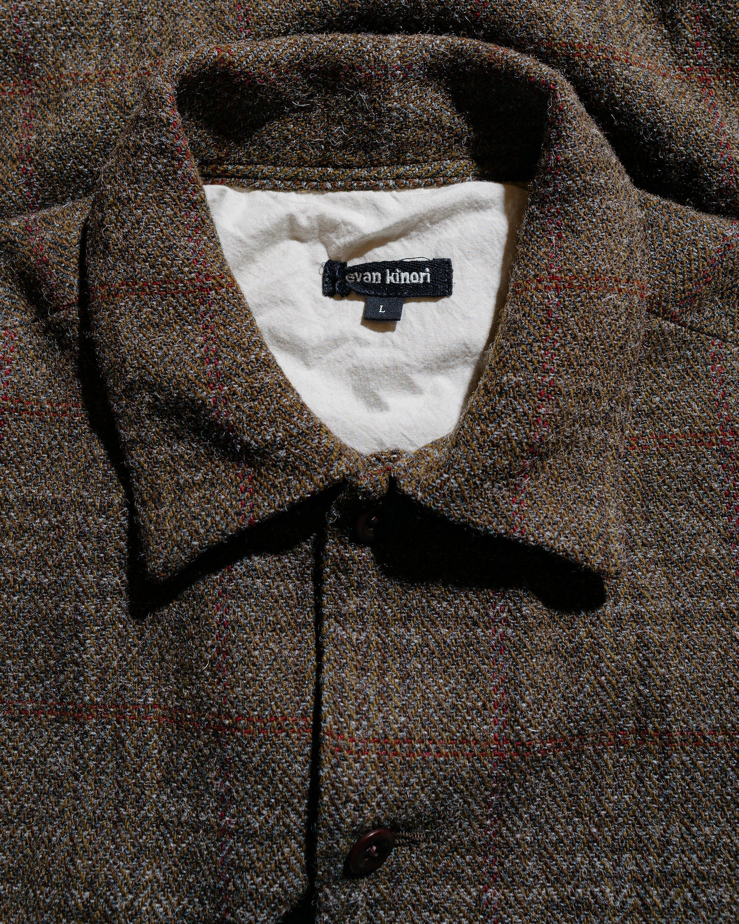 evan kinori Field Shirt Two Wool H-Bone Check Dark Olive/Charcoal