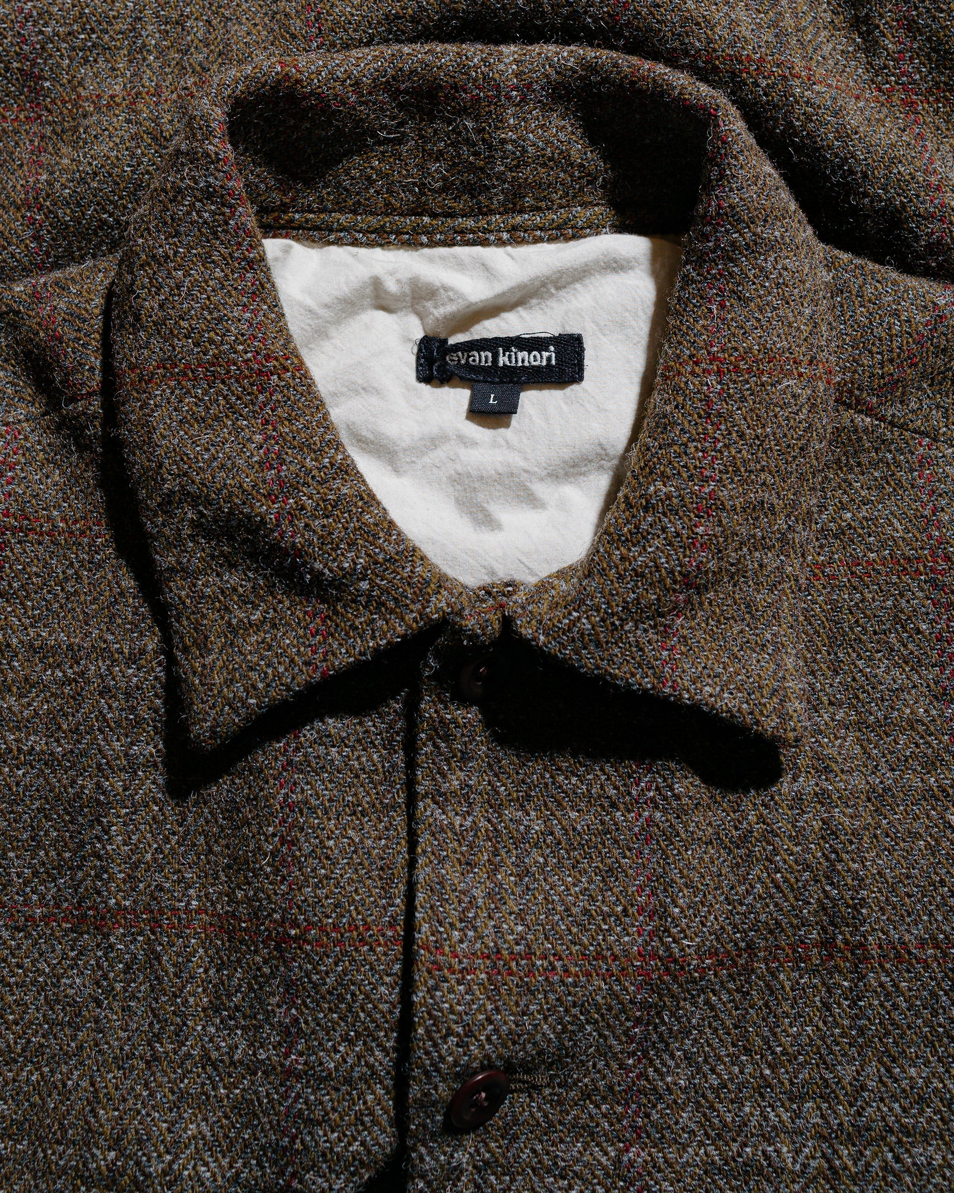 evan kinori Field Shirt Two Wool H-Bone Check Dark Olive/Charcoal