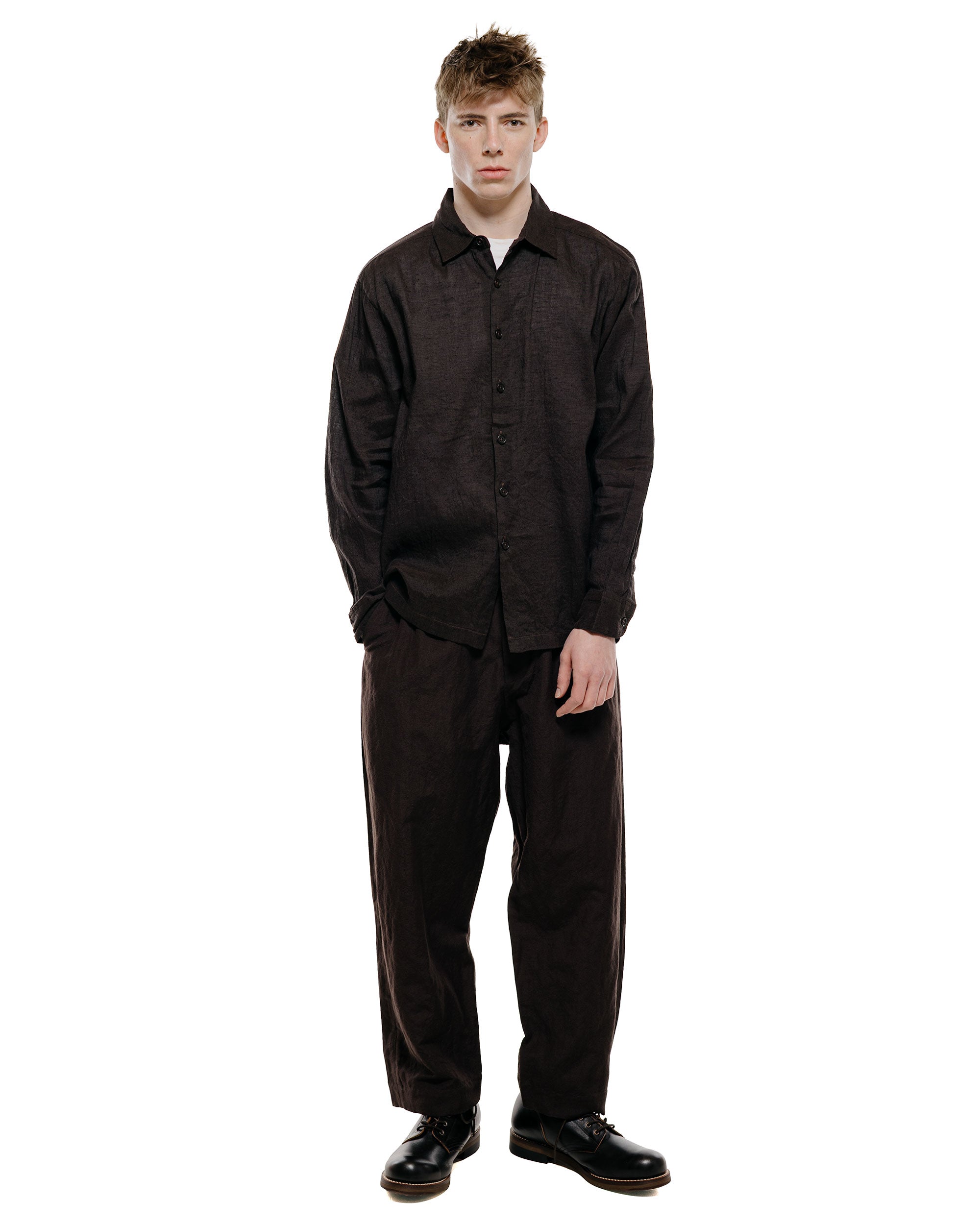 evan kinori Flat Hem Shirt Linen/Cotton Summercloth Brown/Navy