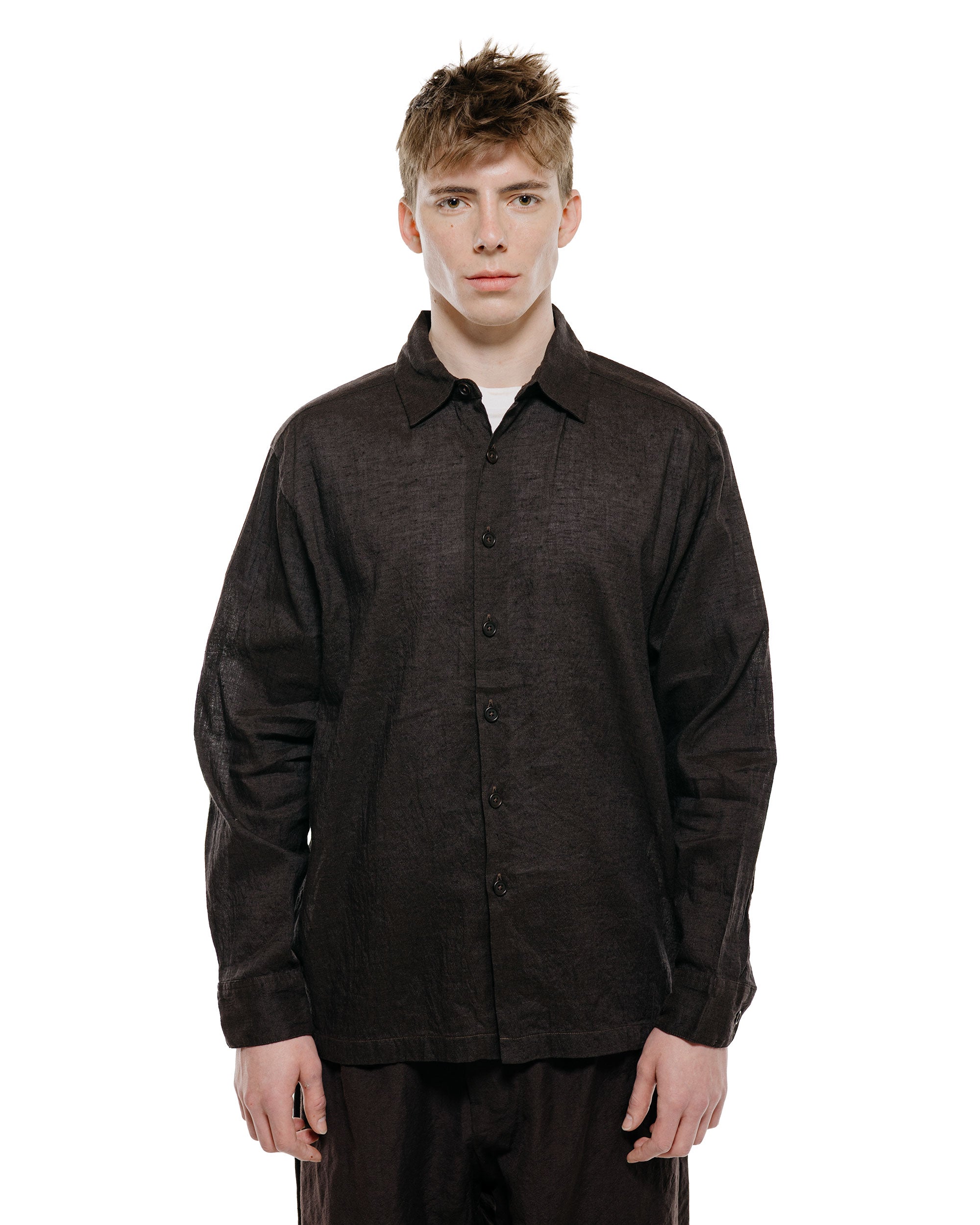 evan kinori Flat Hem Shirt Linen/Cotton Summercloth Brown/Navy