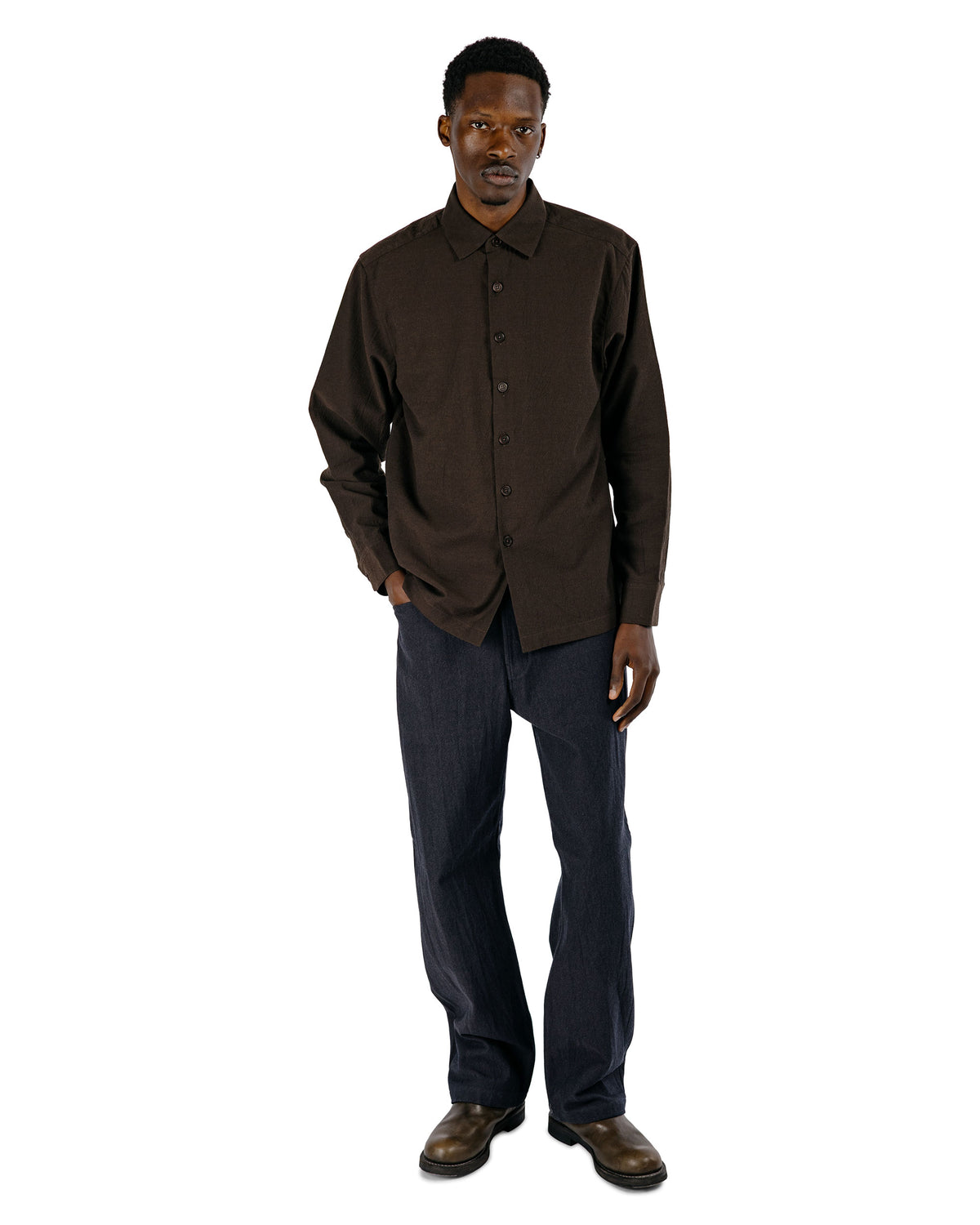evan kinori Flat Hem Shirt Yarn Dyed Cotton Yak Brown/Black
