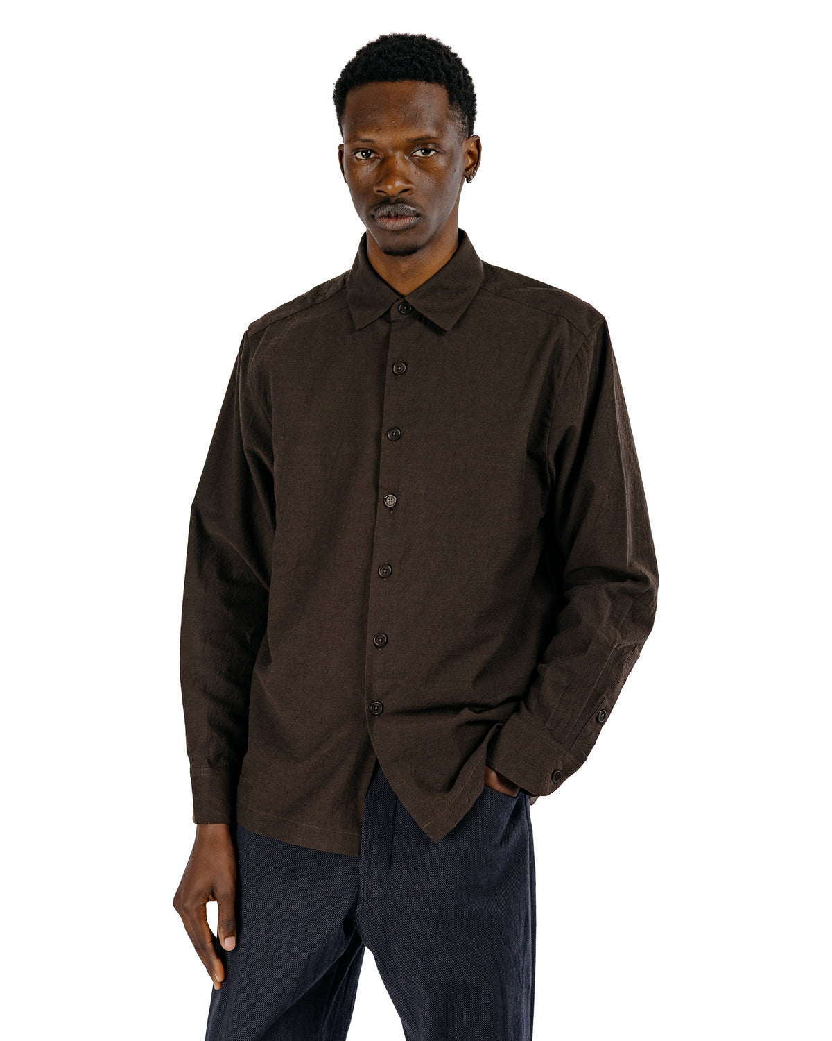 evan kinori Flat Hem Shirt Yarn Dyed Cotton Yak Brown/Black