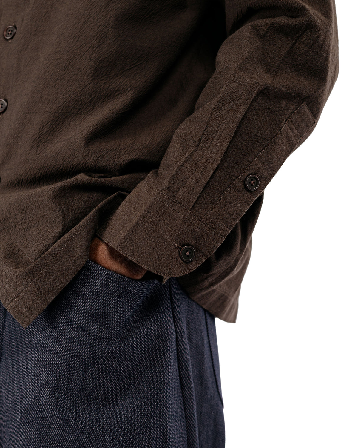 evan kinori Flat Hem Shirt Yarn Dyed Cotton Yak Brown/Black