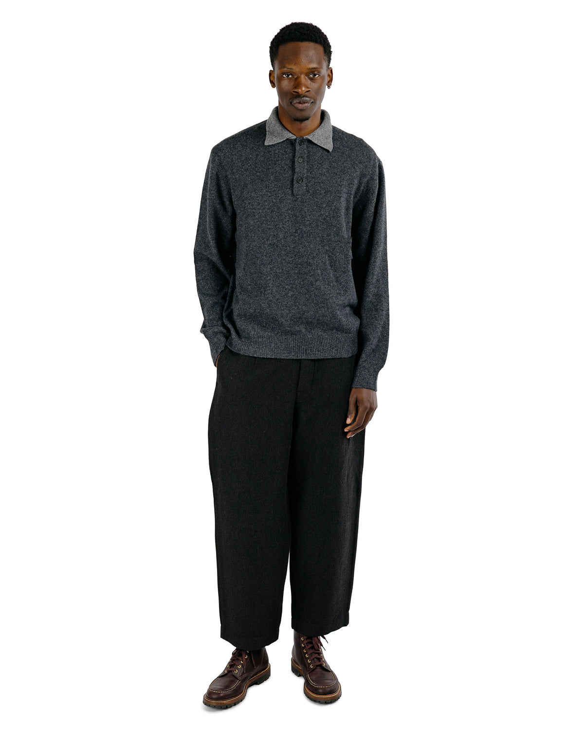 evan kinori Knit Polo Yak Wool Charcoal/Light Grey