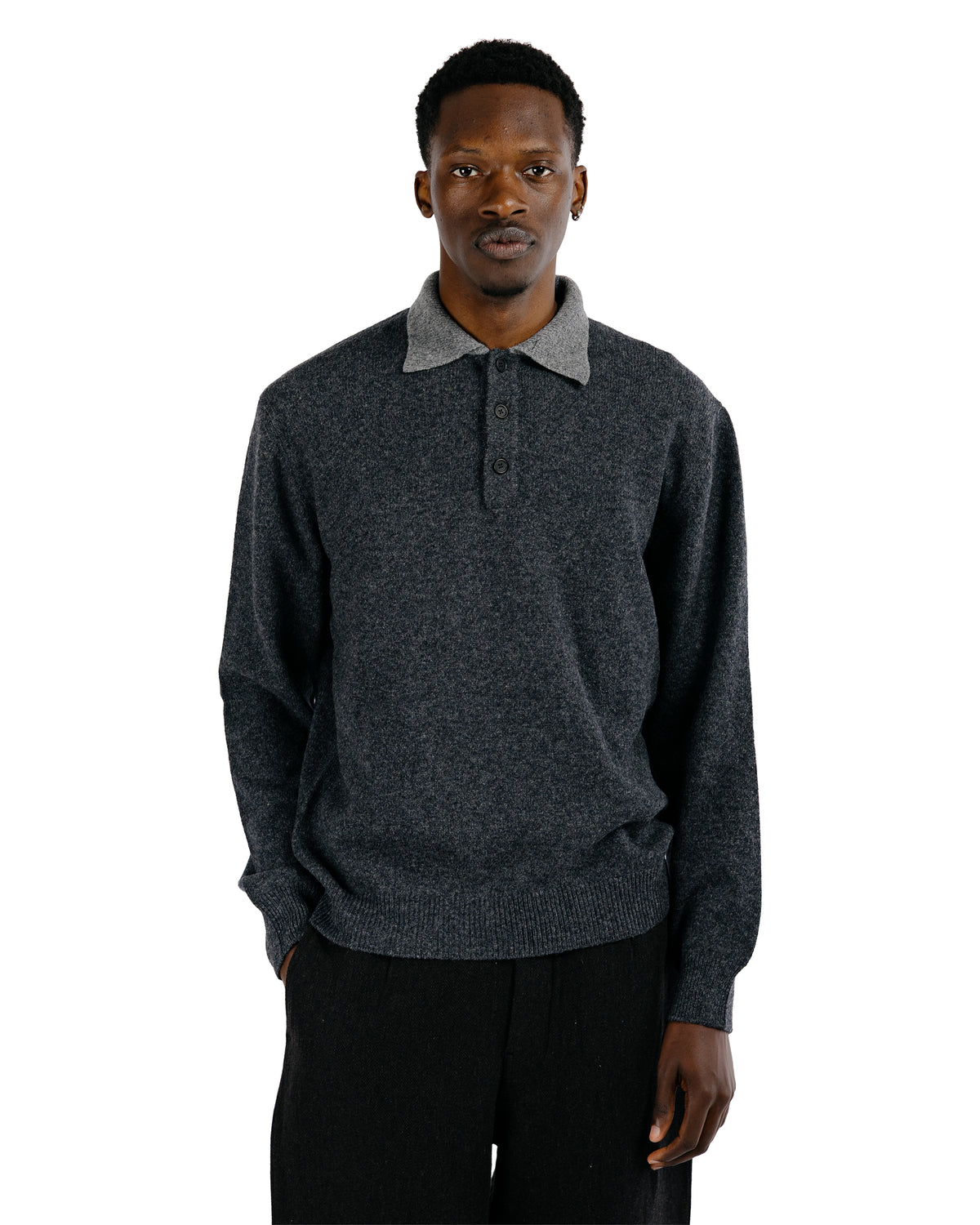 evan kinori Knit Polo Yak Wool Charcoal/Light Grey