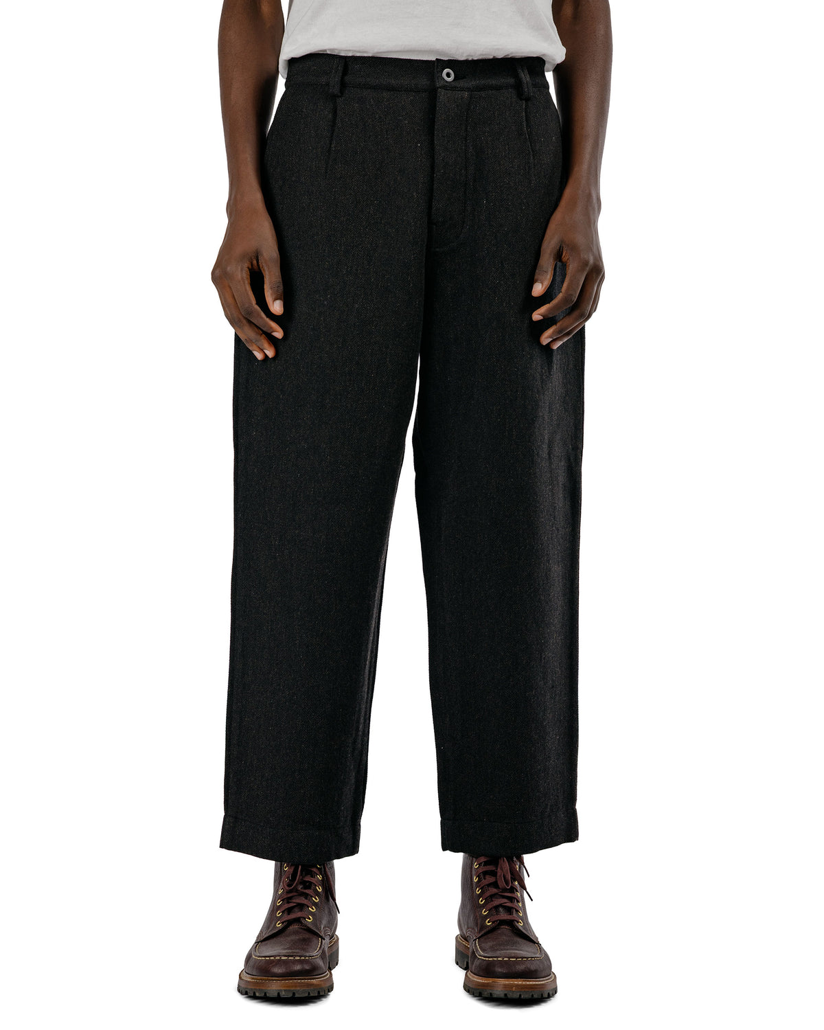 evan kinori Single Pleat Pant Wool Linen Herringbone Black/Brown