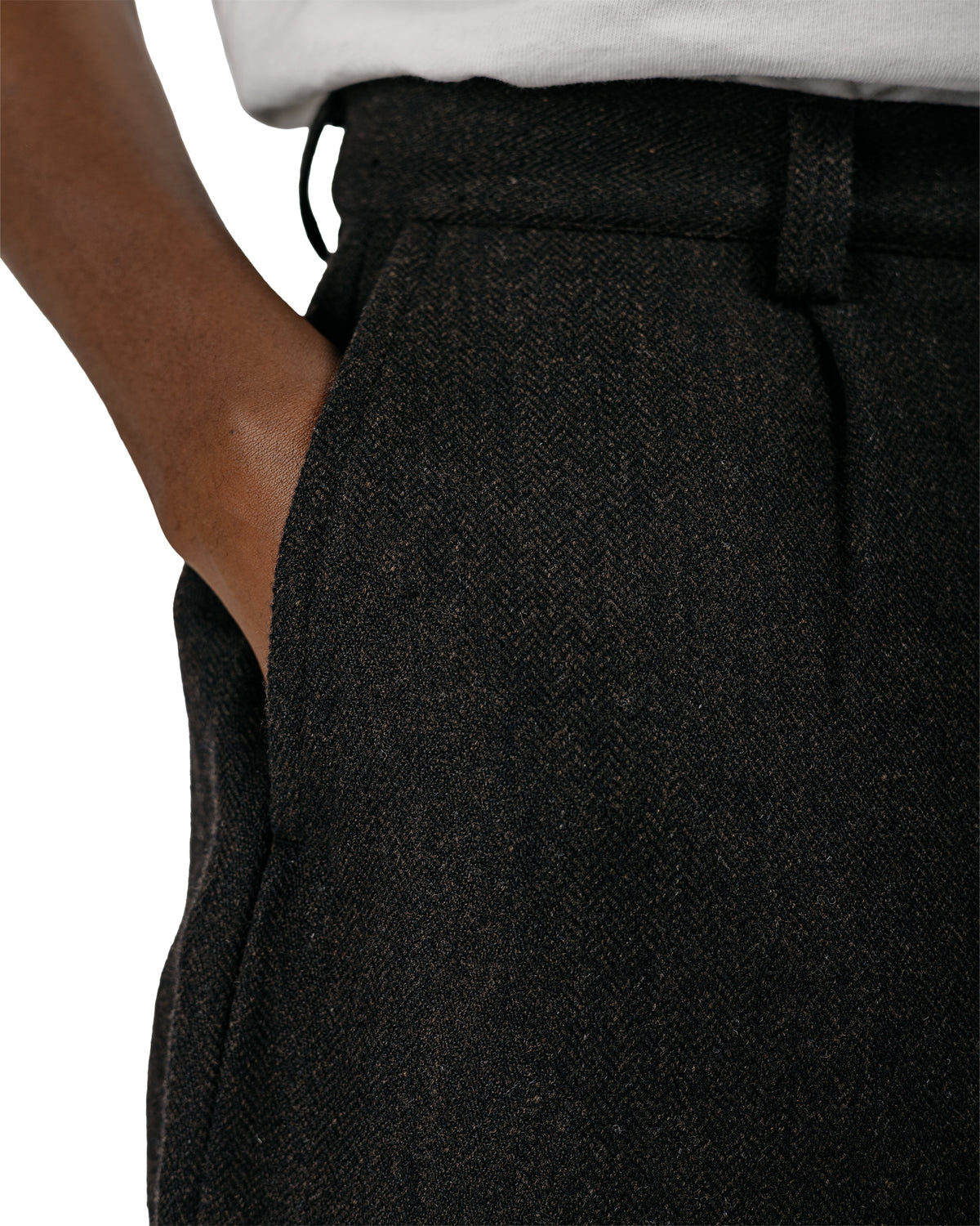 evan kinori Single Pleat Pant Wool Linen Herringbone Black/Brown
