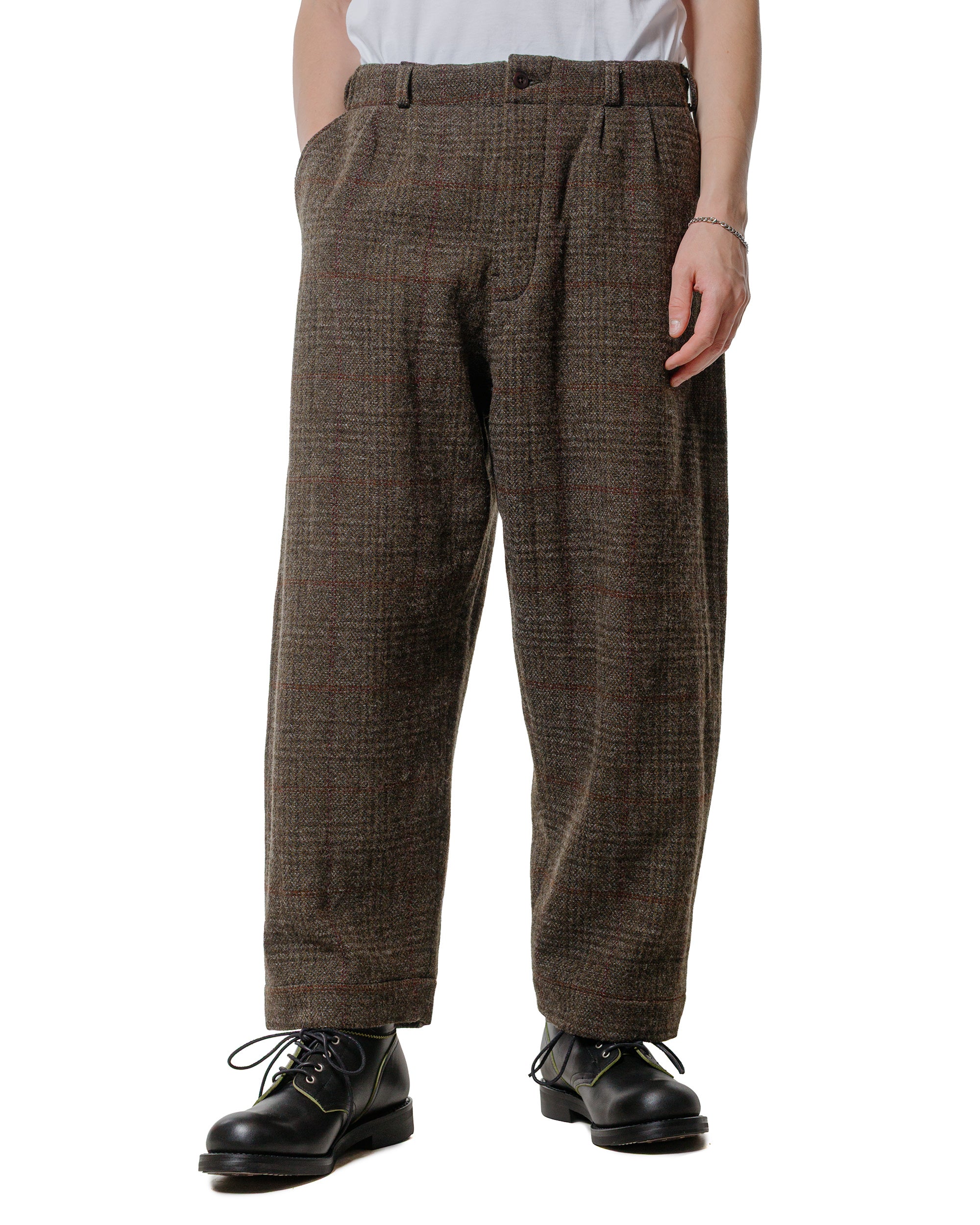 evan kinori Two Pleat Pant Wool Herringbone Check Dark Olive/Charcoal
