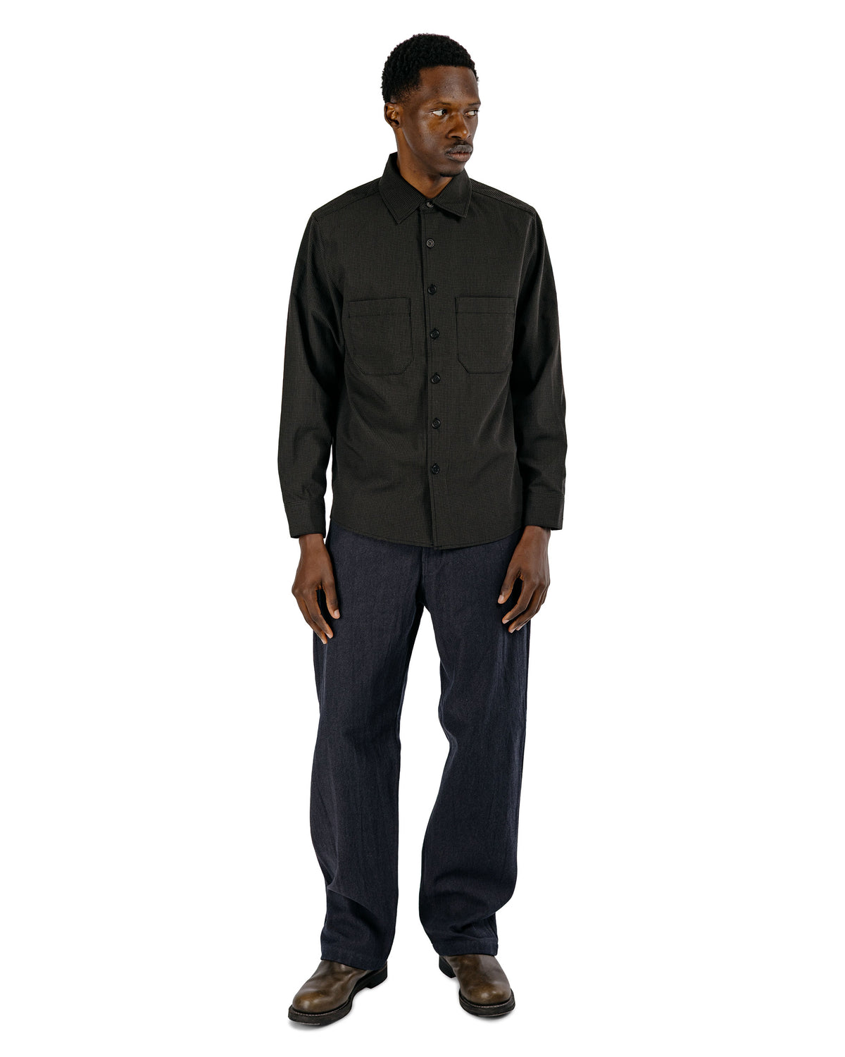 evan kinori Two Pocket Shirt Worsted Wool Check Olive/Black