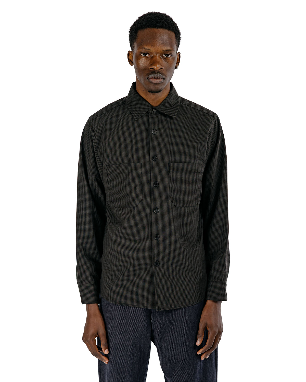 evan kinori Two Pocket Shirt Worsted Wool Check Olive/Black