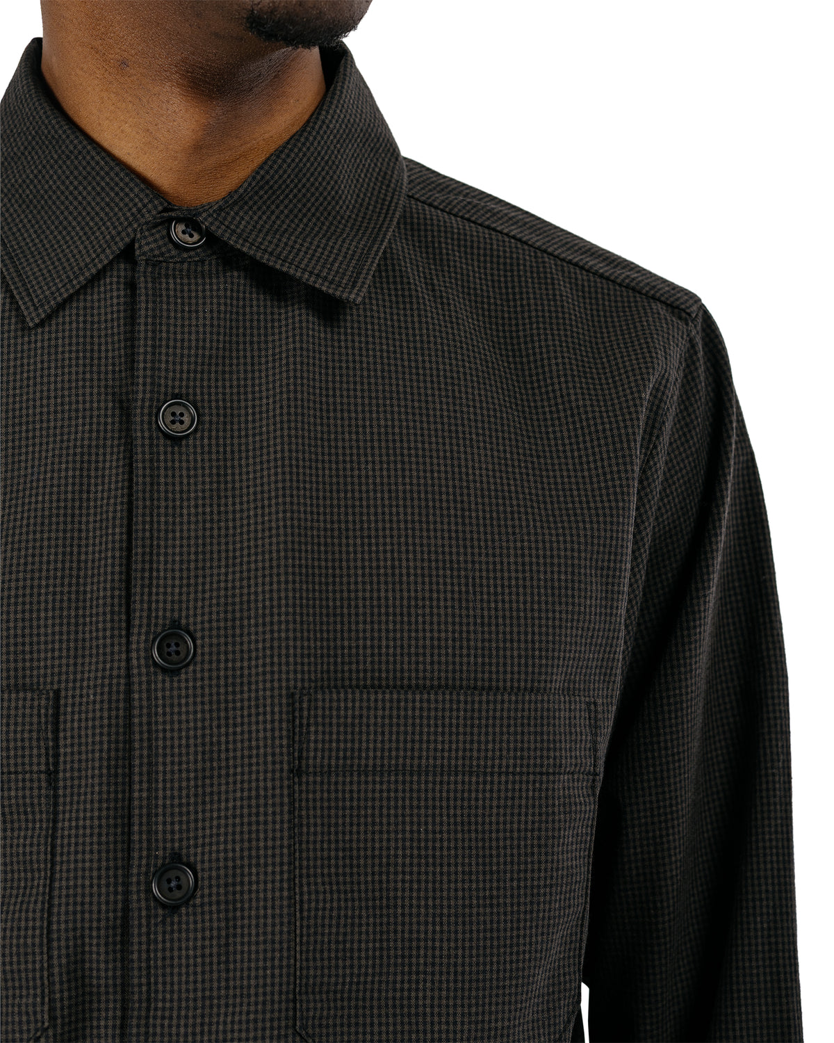 evan kinori Two Pocket Shirt Worsted Wool Check Olive/Black