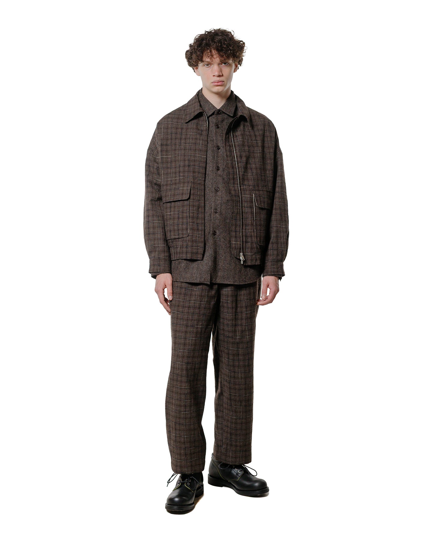 evan kinori Zip Jacket Two Kasuri Wool Check Brown/Beige/Navy