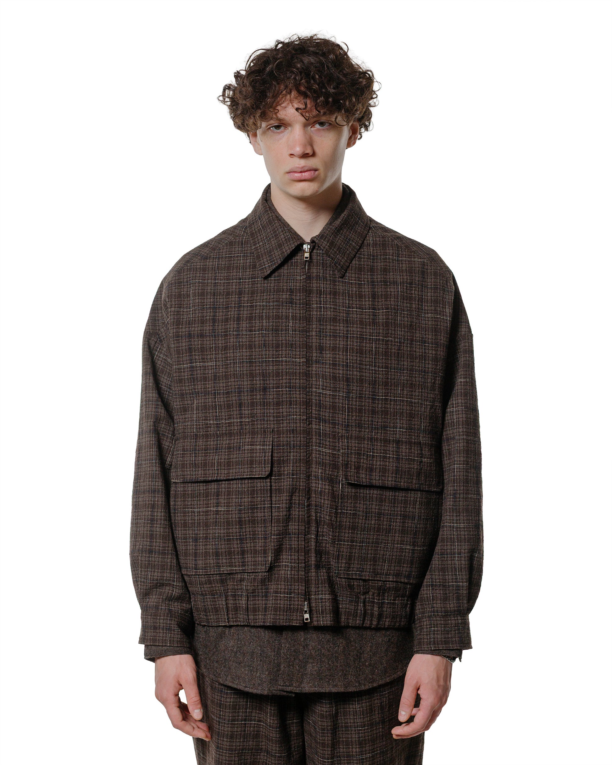 evan kinori Zip Jacket Two Kasuri Wool Check Brown/Beige/Navy